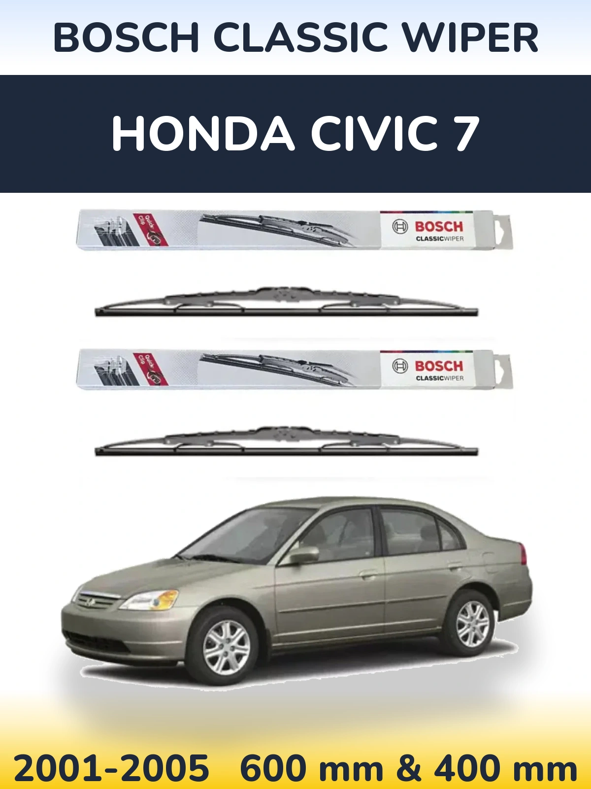 Front wiper blade set BOSCH Classic Wiper 600 & 400 mm for Honda Civic 7 2001-2005
