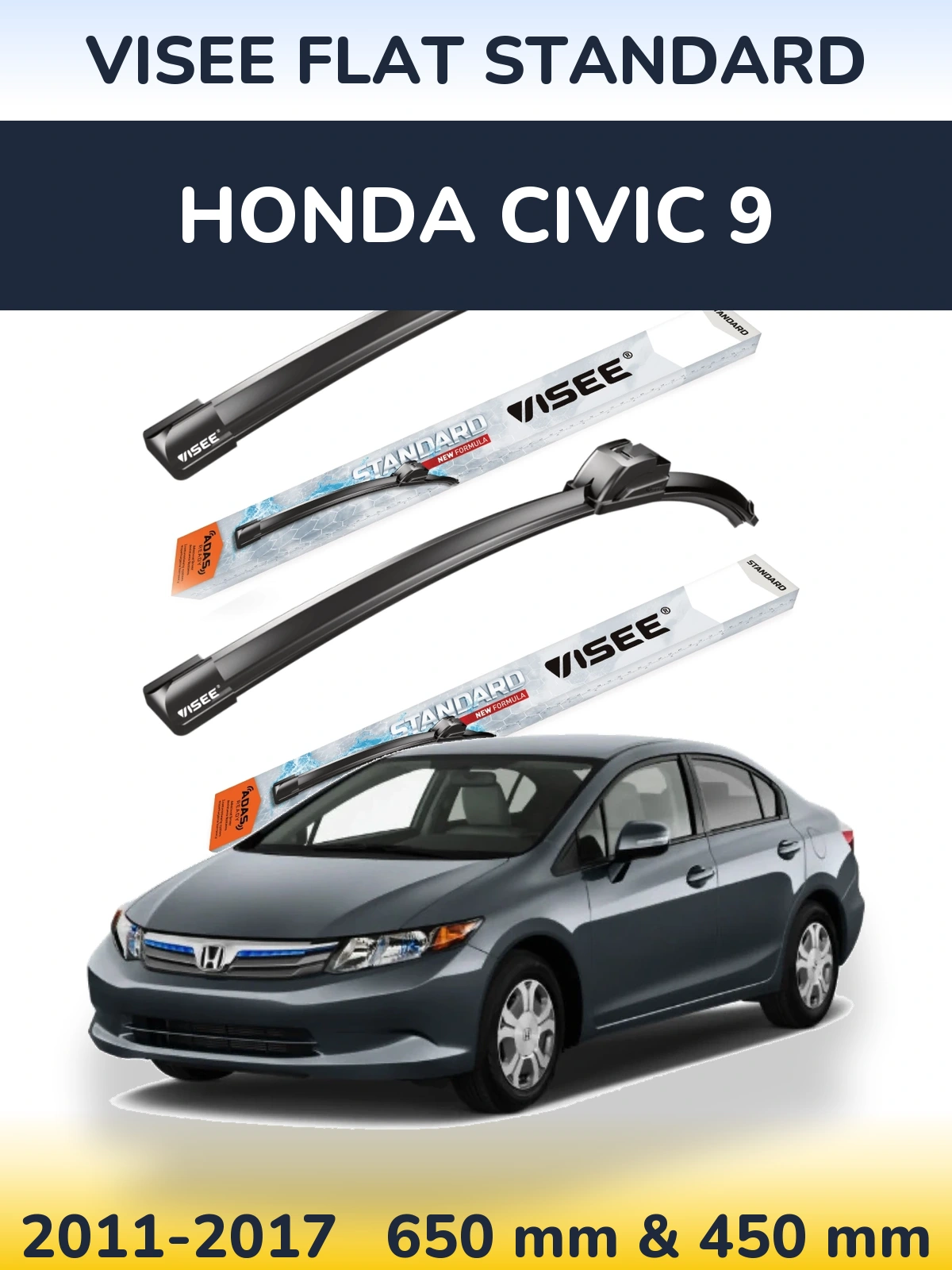 Комплект передних дворников VISEE FLAT STANDARD 650 & 450 мм для Honda Civic 9 2011-2017