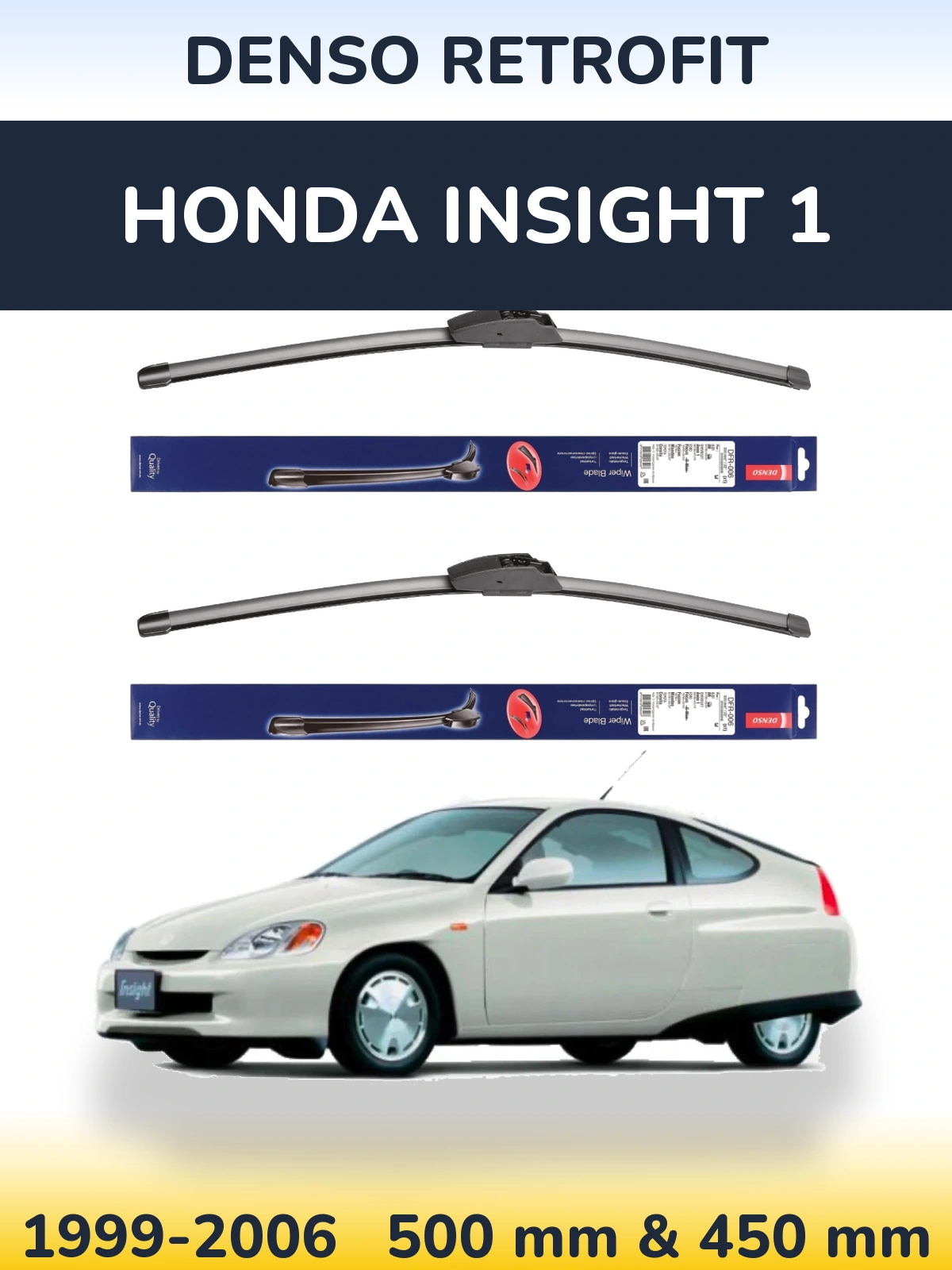 Front wiper blade set Denso Retrofit 500 & 450 mm for Honda Insight 1 1999-2006