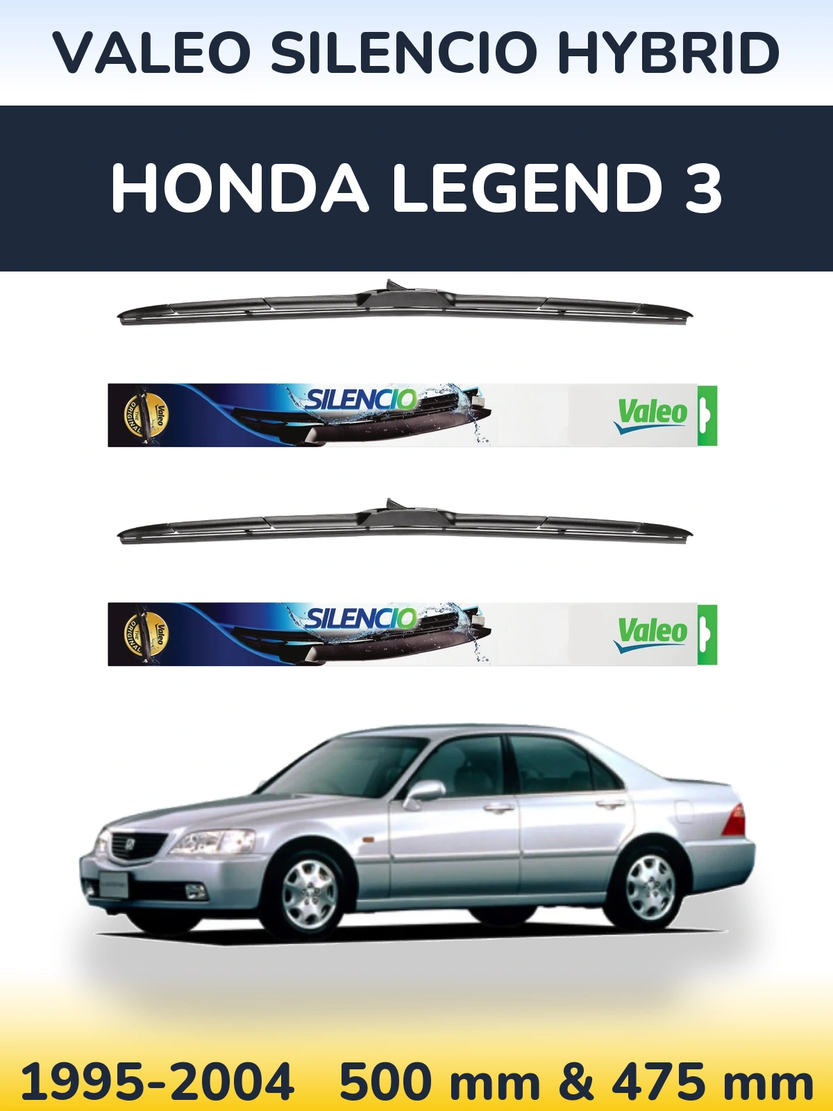Komplet przednich wycieraczek Valeo Silencio Hybrid 500 & 475 mm do Honda Legend 3 1995-2004