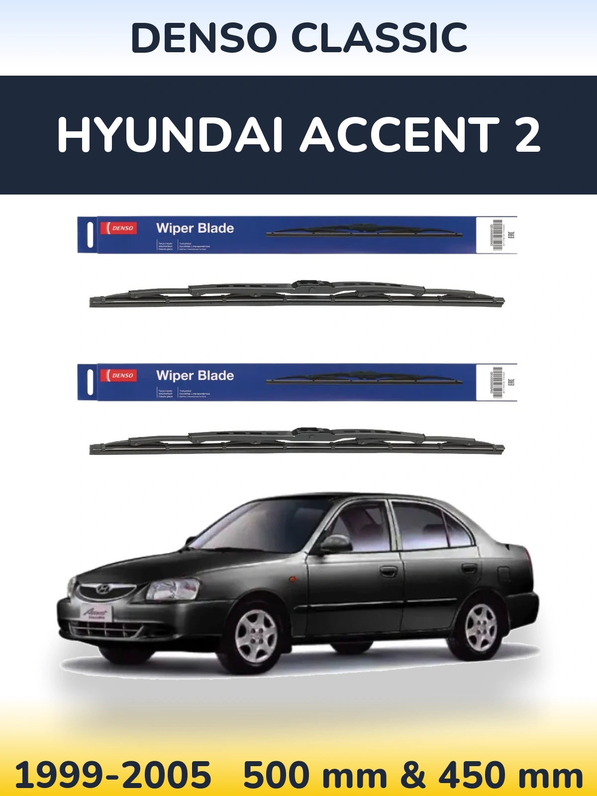 Komplet przednich wycieraczek Denso Classic 500 & 450 mm do Hyundai Accent 2 1999-2005
