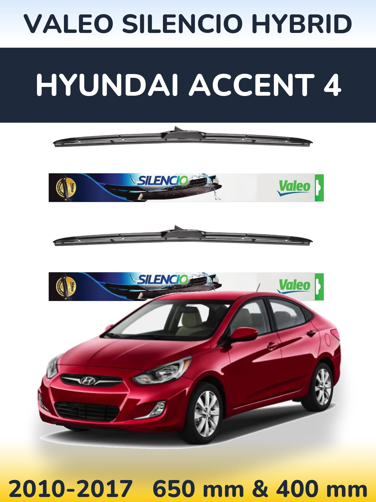 Front wiper blade set Valeo Silencio Hybrid 650 & 400 mm for Hyundai Accent 4 2010-2017