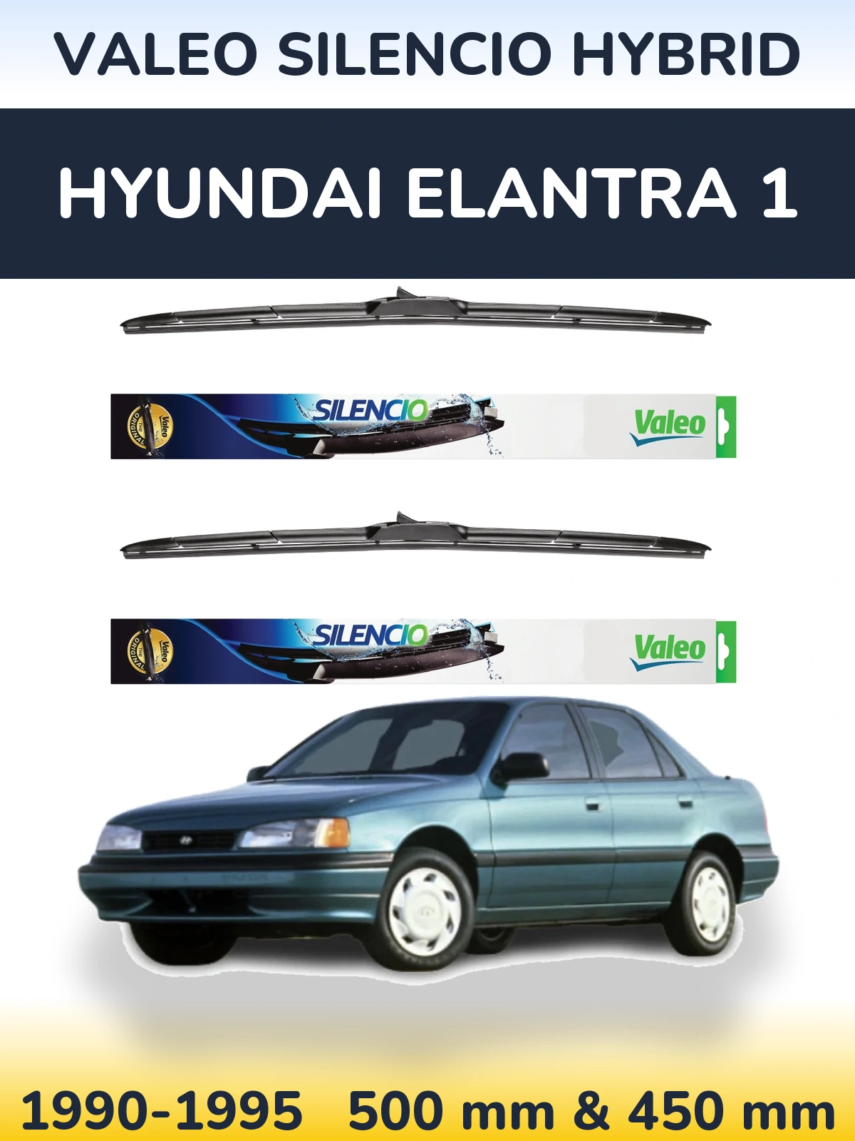 Komplet przednich wycieraczek Valeo Silencio Hybrid 500 & 450 mm do Hyundai Elantra 1 1990-1995