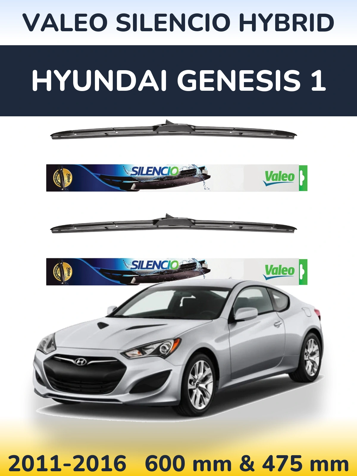Front wiper blade set Valeo Silencio Hybrid 600 & 475 mm for Hyundai Genesis 1 2011-2016