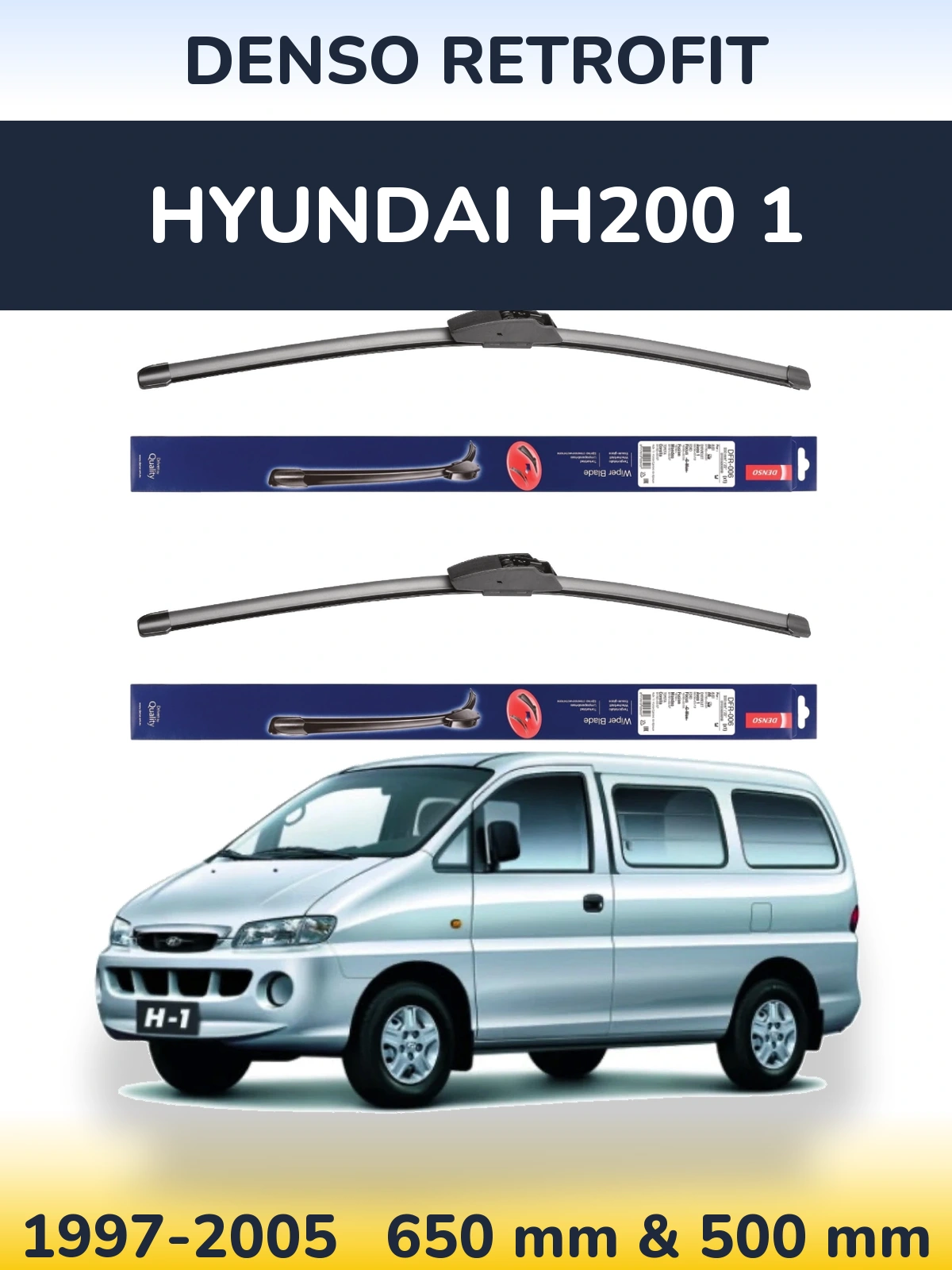 Front wiper blade set Denso Retrofit 650 & 500 mm for Hyundai H200 1 1997-2005