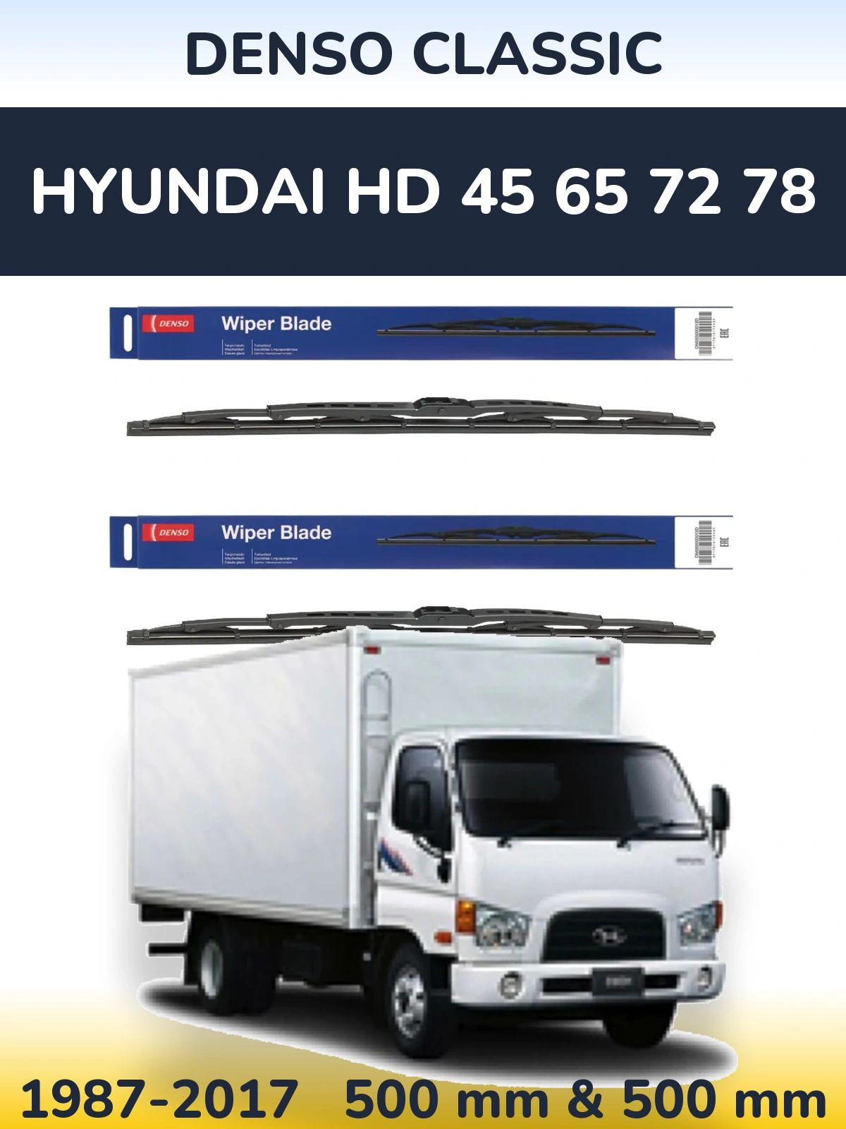 Front wiper blade set Denso Classic 500 & 500 mm for Hyundai HD 45 65 72 78 1987-2017