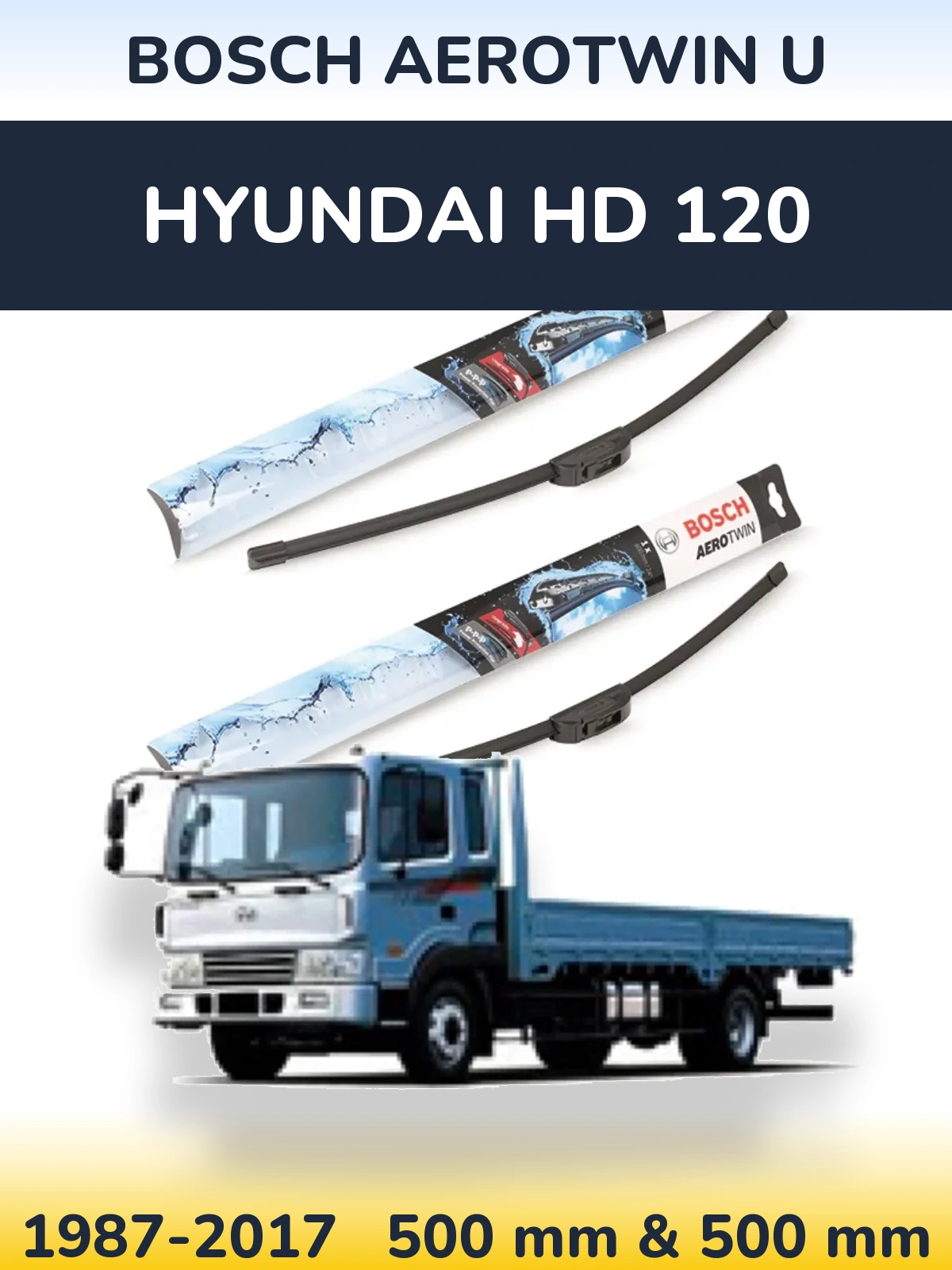 Front wiper blade set BOSCH AeroTwin U 500 & 500 mm for Hyundai HD 120 1987-2017