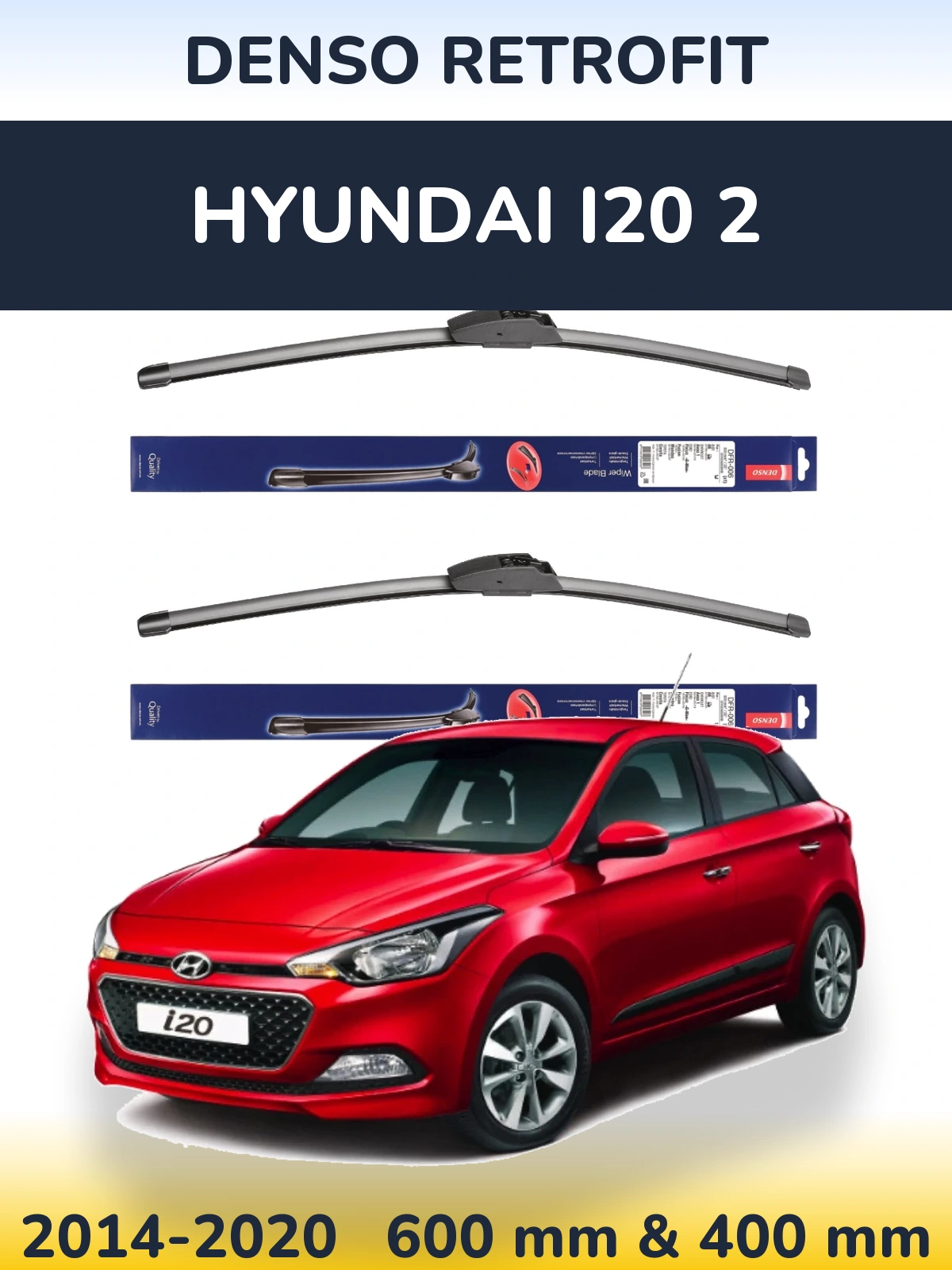 Front wiper blade set Denso Retrofit 600 & 400 mm for Hyundai i20 2 2014-2020