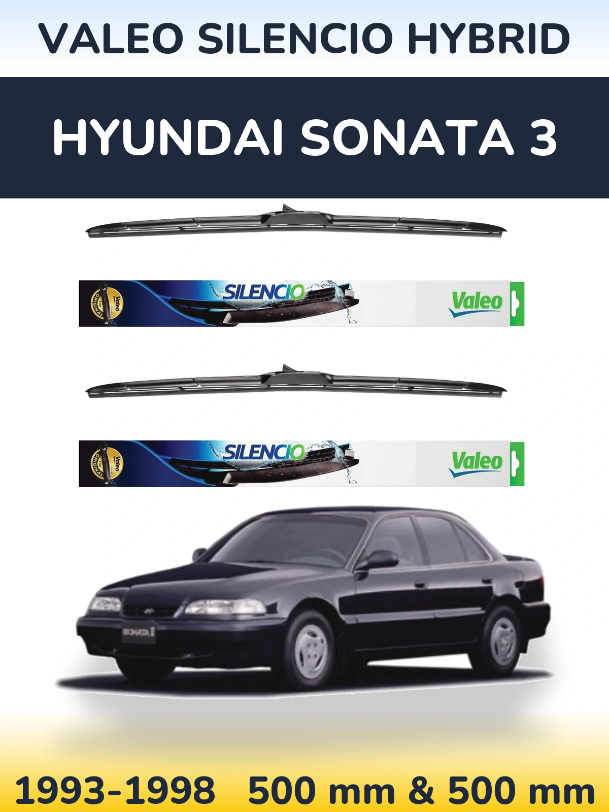 Front wiper blade set Valeo Silencio Hybrid 500 & 500 mm for Hyundai Sonata 3 1993-1998