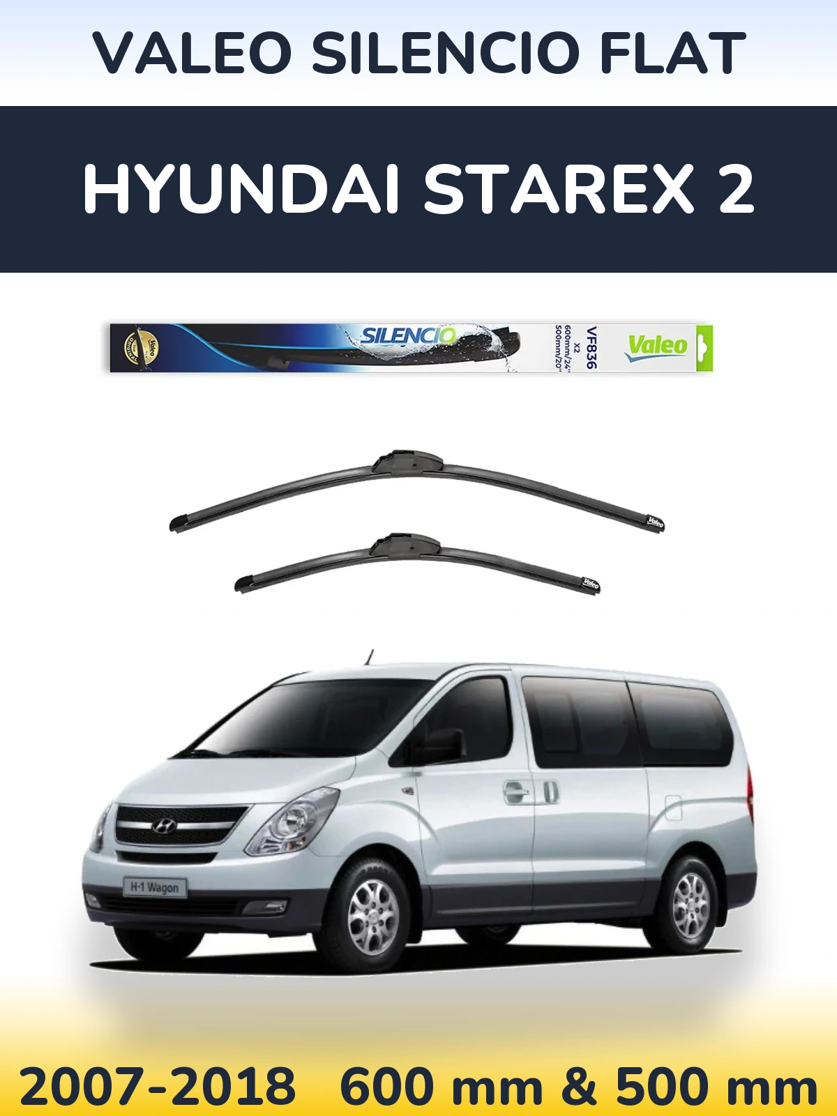 Front wiper blade set Valeo Silencio Flat 600 & 500 mm for Hyundai Starex 2 2007-2018