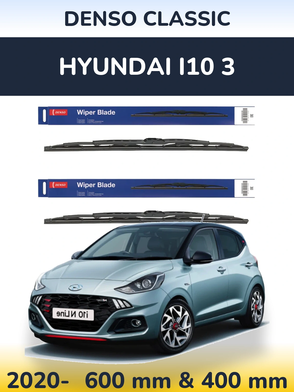 Front wiper blade set Denso Classic 600 & 400 mm for Hyundai i10 3 2020-2026
