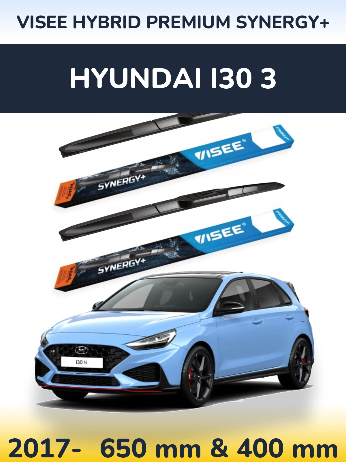 Komplet przednich wycieraczek VISEE HYBRID PREMIUM SYNERGY+ 650 & 400 mm do Hyundai i30 3 2017-2026