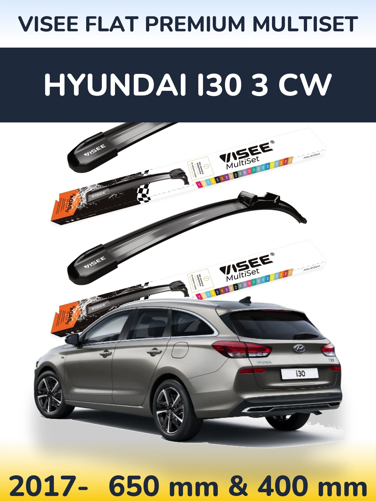 Komplet przednich wycieraczek VISEE FLAT PREMIUM MultiSet 650 & 400 mm do Hyundai i30 3 CW 2017-2026