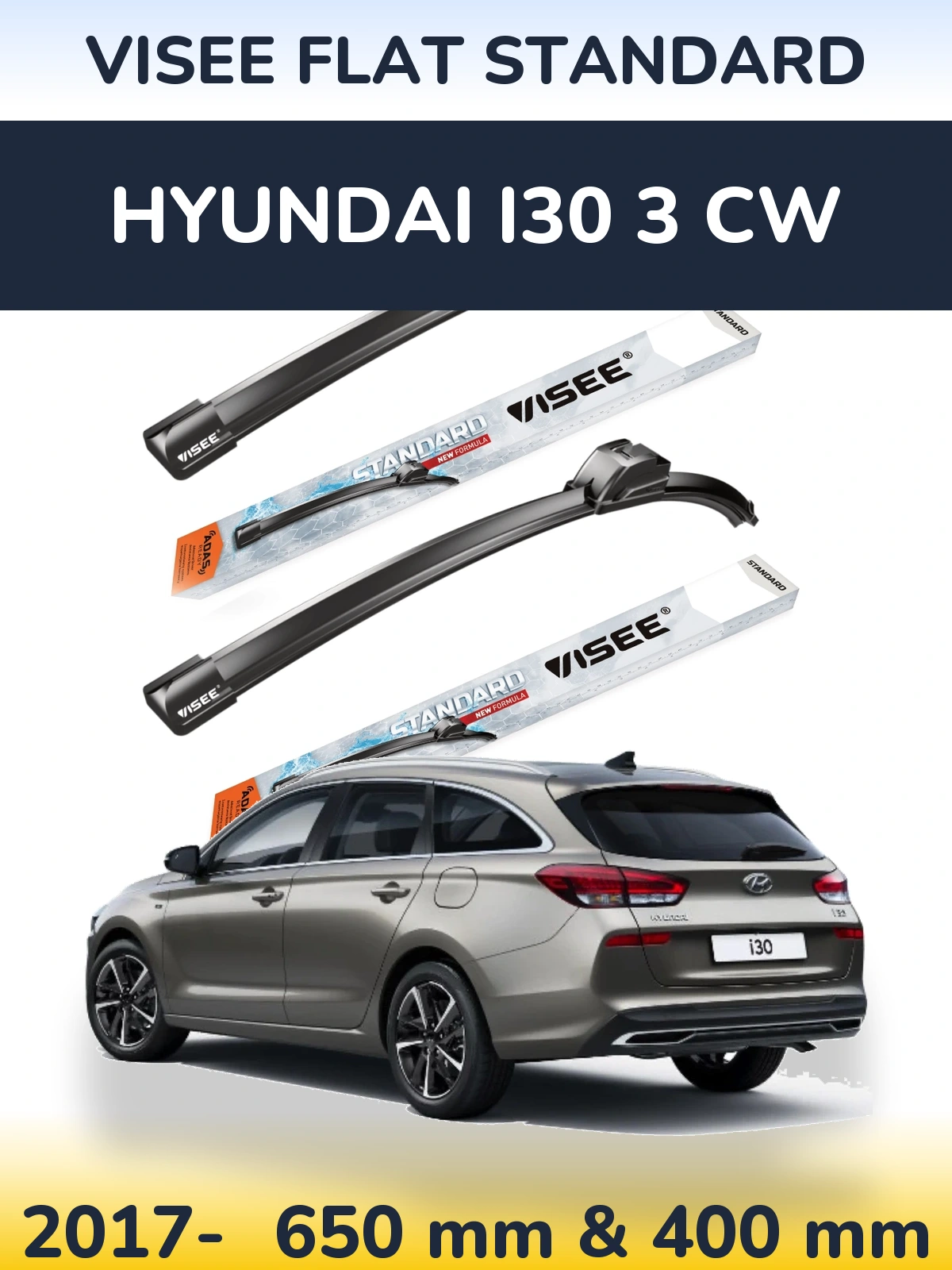 Komplet przednich wycieraczek VISEE FLAT STANDARD 650 & 400 mm do Hyundai i30 3 CW 2017-2026