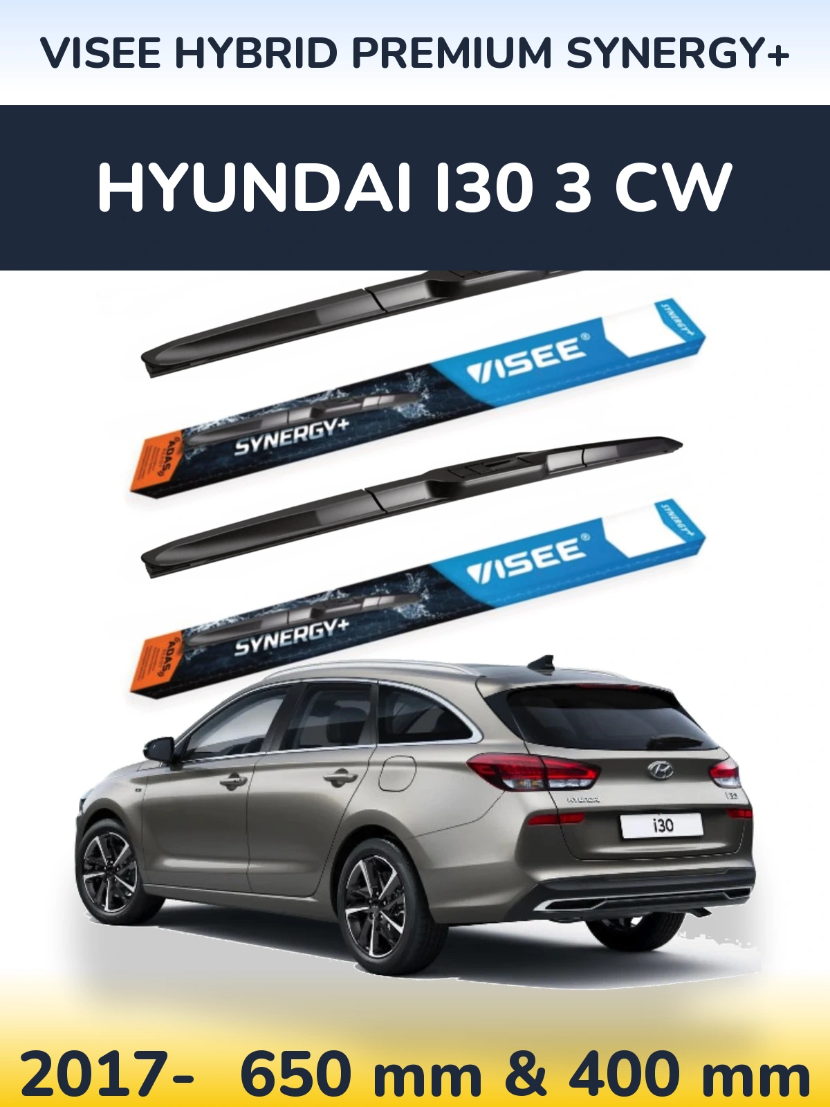 Komplet przednich wycieraczek VISEE HYBRID PREMIUM SYNERGY+ 650 & 400 mm do Hyundai i30 3 CW 2017-2026