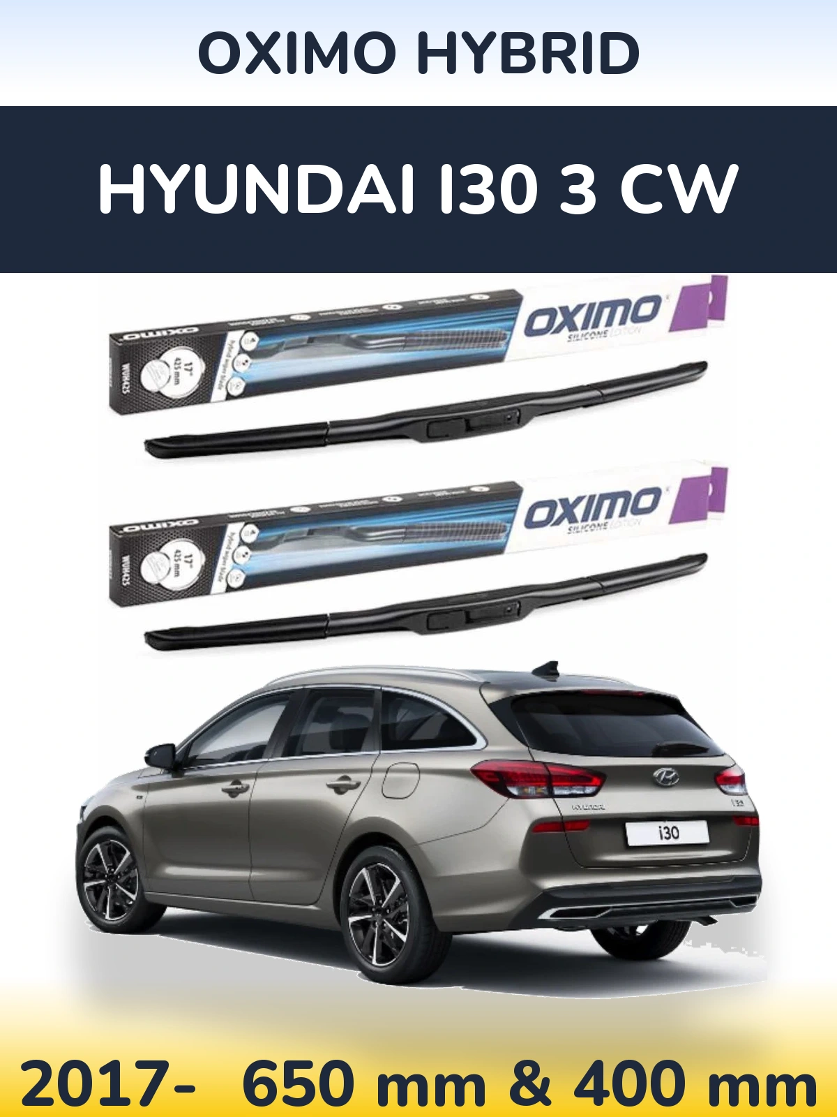 Komplet przednich wycieraczek Oximo Hybrid 650 & 400 mm do Hyundai i30 3 CW 2017-2026