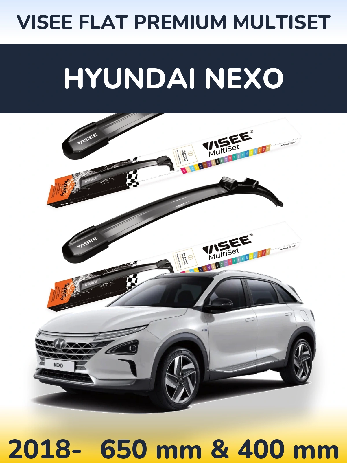 Komplet przednich wycieraczek VISEE FLAT PREMIUM MultiSet 650 & 400 mm do Hyundai Nexo 2018-2026