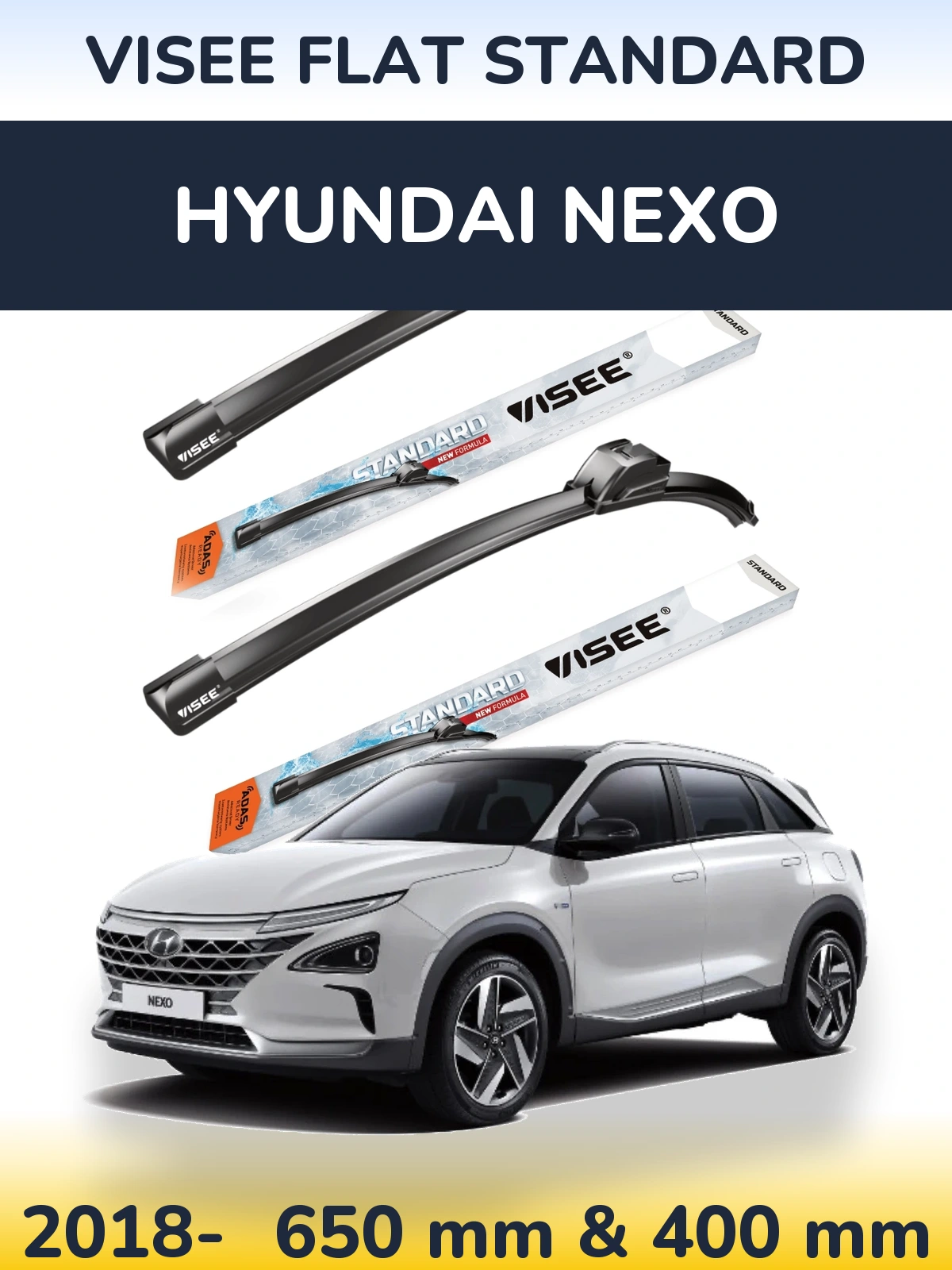 Комплект передних дворников VISEE FLAT STANDARD 650 & 400 мм для Hyundai Nexo 2018-2026