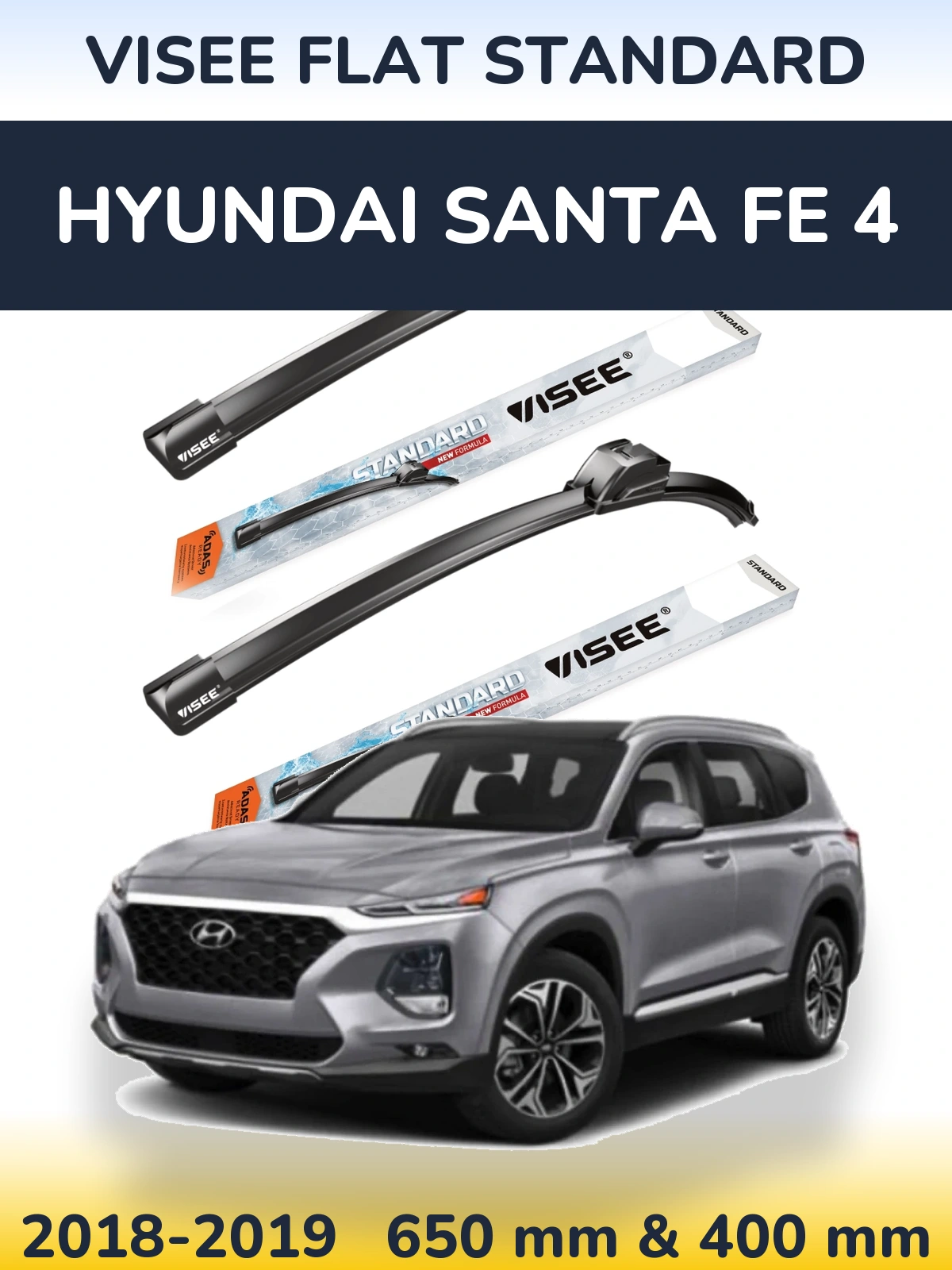 Комплект передних дворников VISEE FLAT STANDARD 650 & 400 мм для Hyundai Santa Fe 4 2018-2019