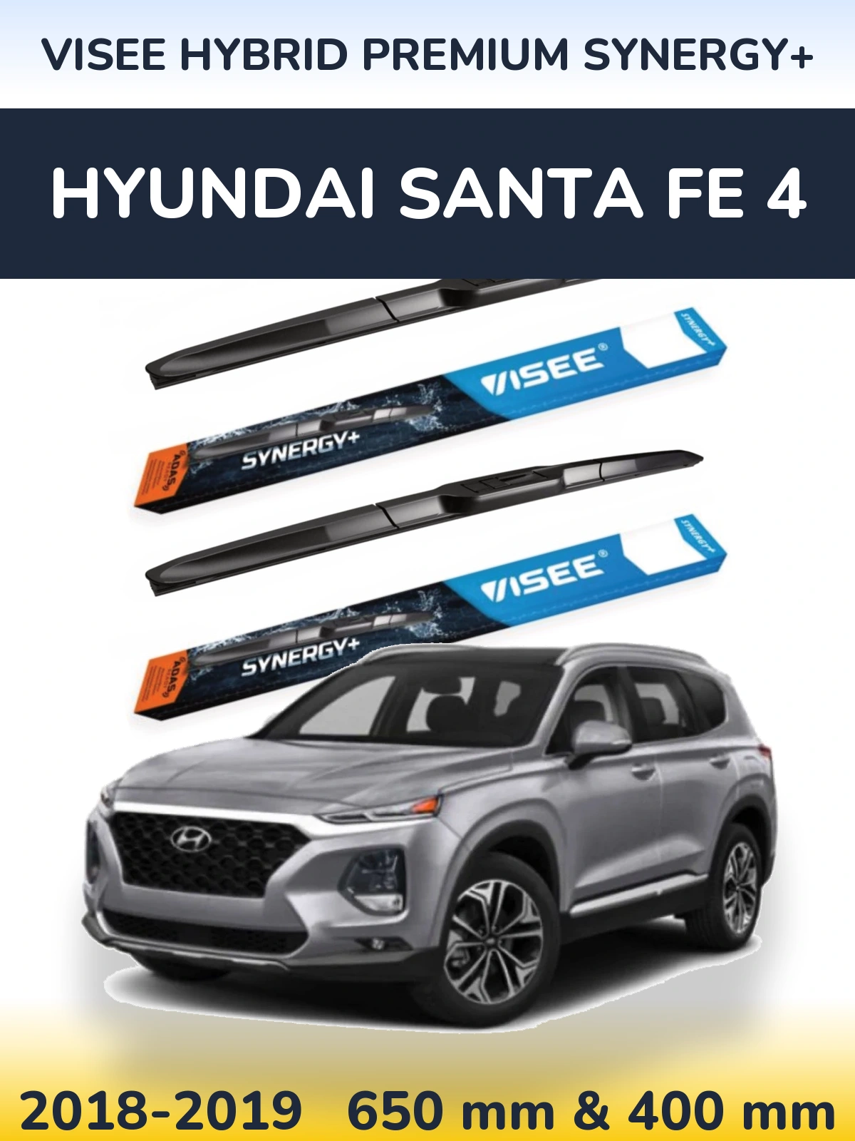 Front wiper blade set VISEE HYBRID PREMIUM SYNERGY+ 650 & 400 mm for Hyundai Santa Fe 4 2018-2019