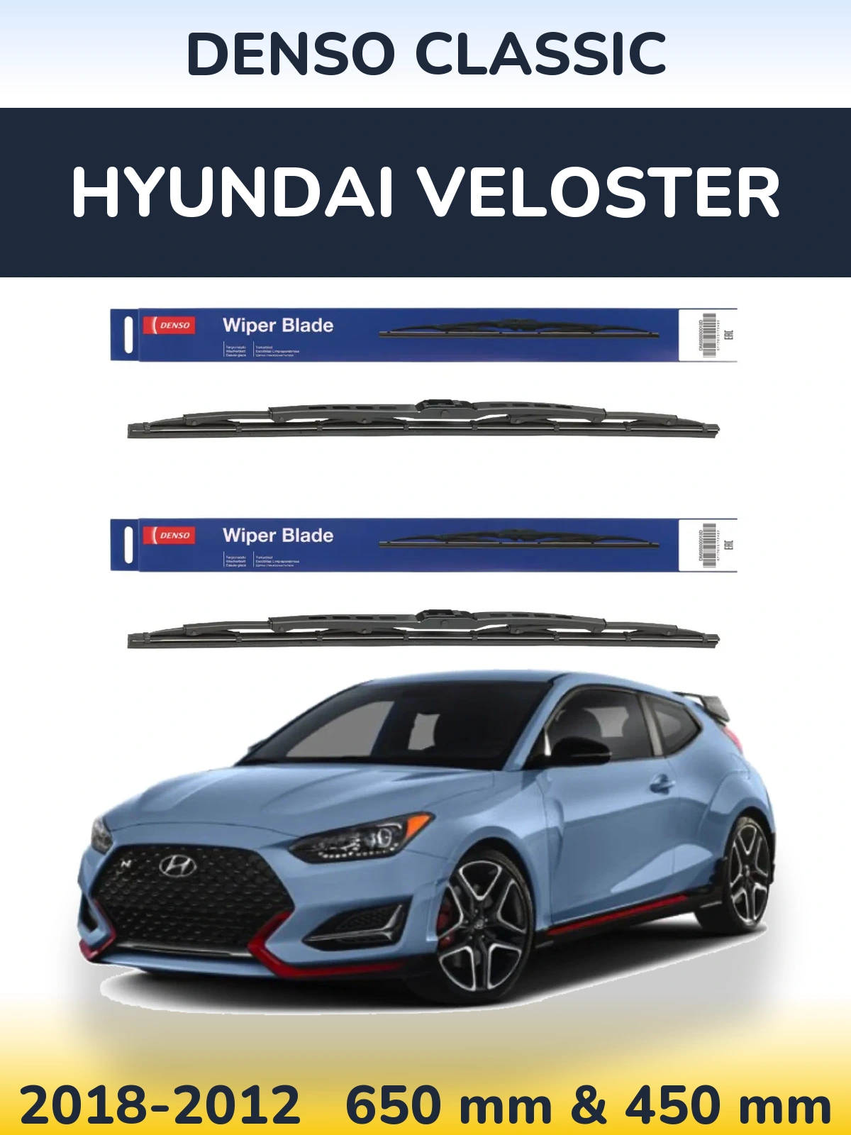 Komplet przednich wycieraczek Denso Classic 650 & 450 mm do Hyundai Veloster 2018-2012