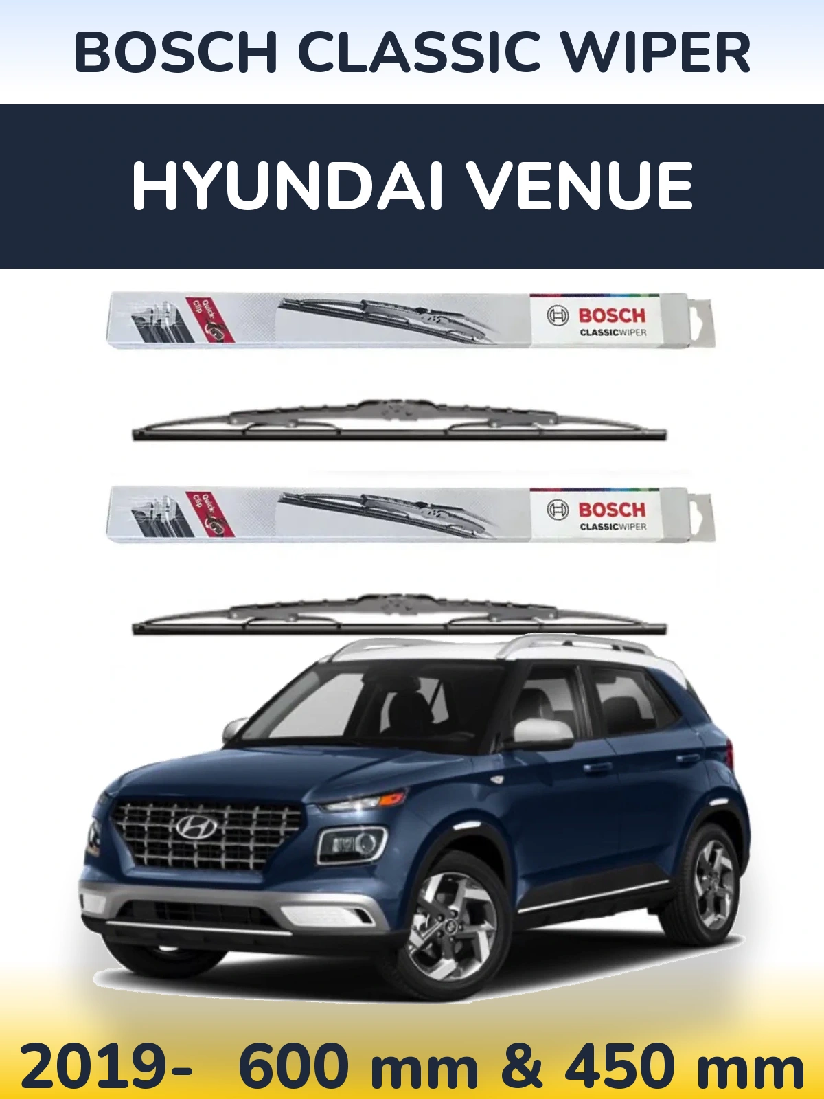 Komplet przednich wycieraczek BOSCH Classic Wiper 600 & 450 mm do Hyundai Venue 2019-2026