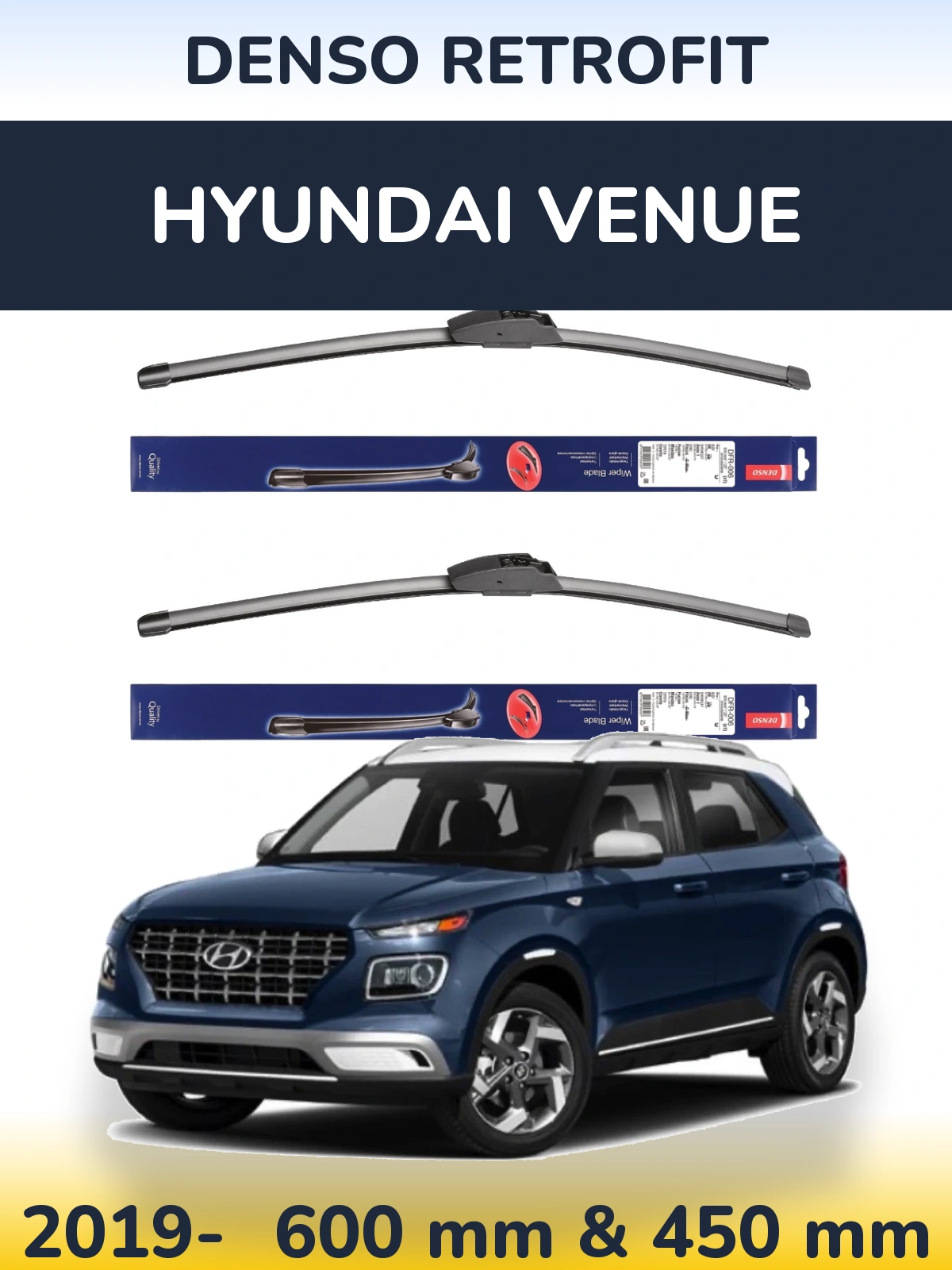 Комплект передних дворников Denso Retrofit 600 & 450 мм для Hyundai Venue 2019-2026