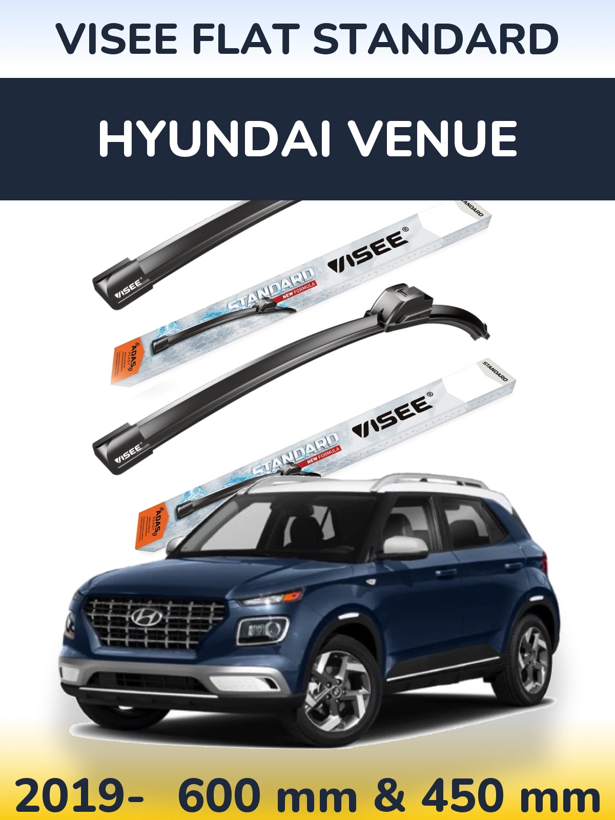 Комплект передніх щіток VISEE FLAT STANDARD 600 & 450 мм для Hyundai Venue 2019-2026