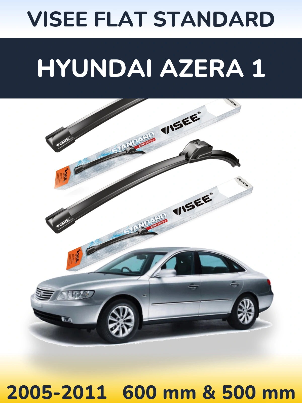 Комплект передних дворников VISEE FLAT STANDARD 600 & 500 мм для Hyundai Azera 1 2005-2011