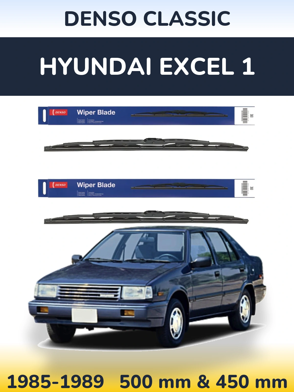 Front wiper blade set Denso Classic 500 & 450 mm for Hyundai Excel 1 1985-1989