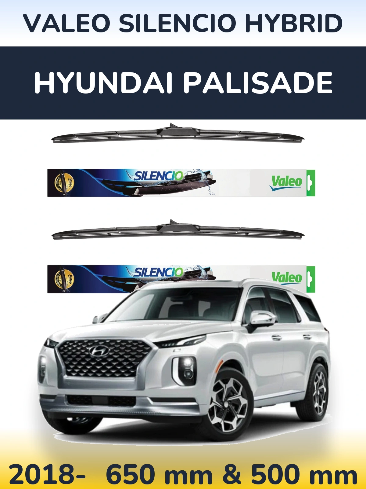 Front wiper blade set Valeo Silencio Hybrid 650 & 500 mm for Hyundai Palisade 2018-2026