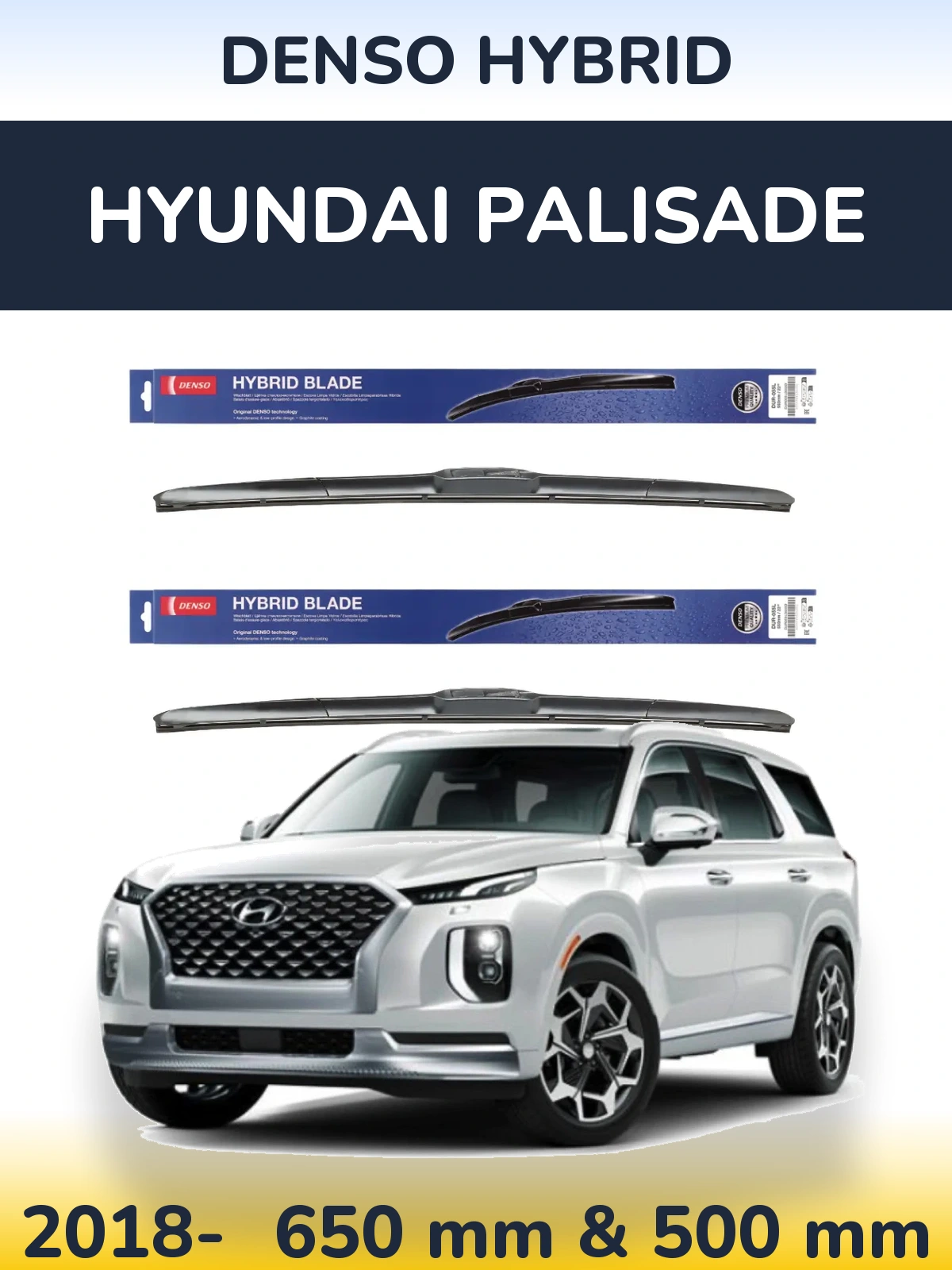 Komplet przednich wycieraczek Denso Hybrid 650 & 500 mm do Hyundai Palisade 2018-2026
