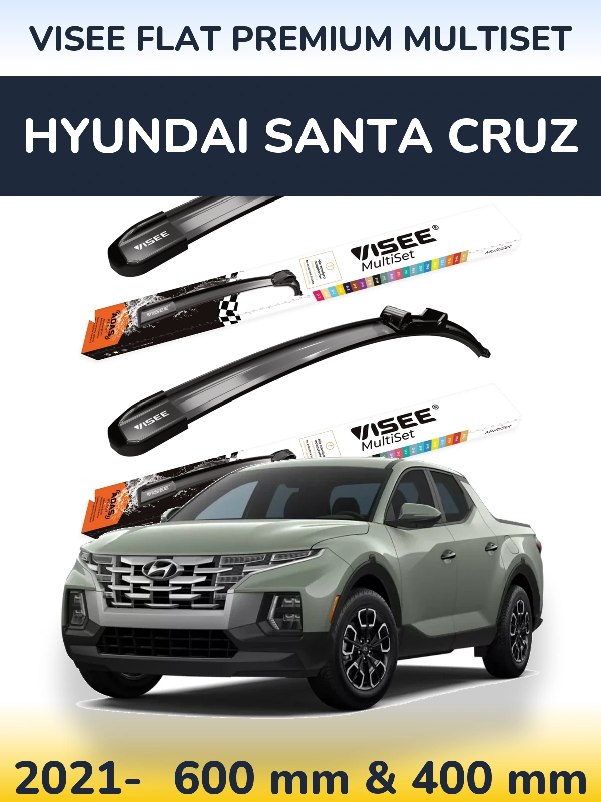 Komplet przednich wycieraczek VISEE FLAT PREMIUM MultiSet 600 & 400 mm do Hyundai Santa Cruz 2021-2026