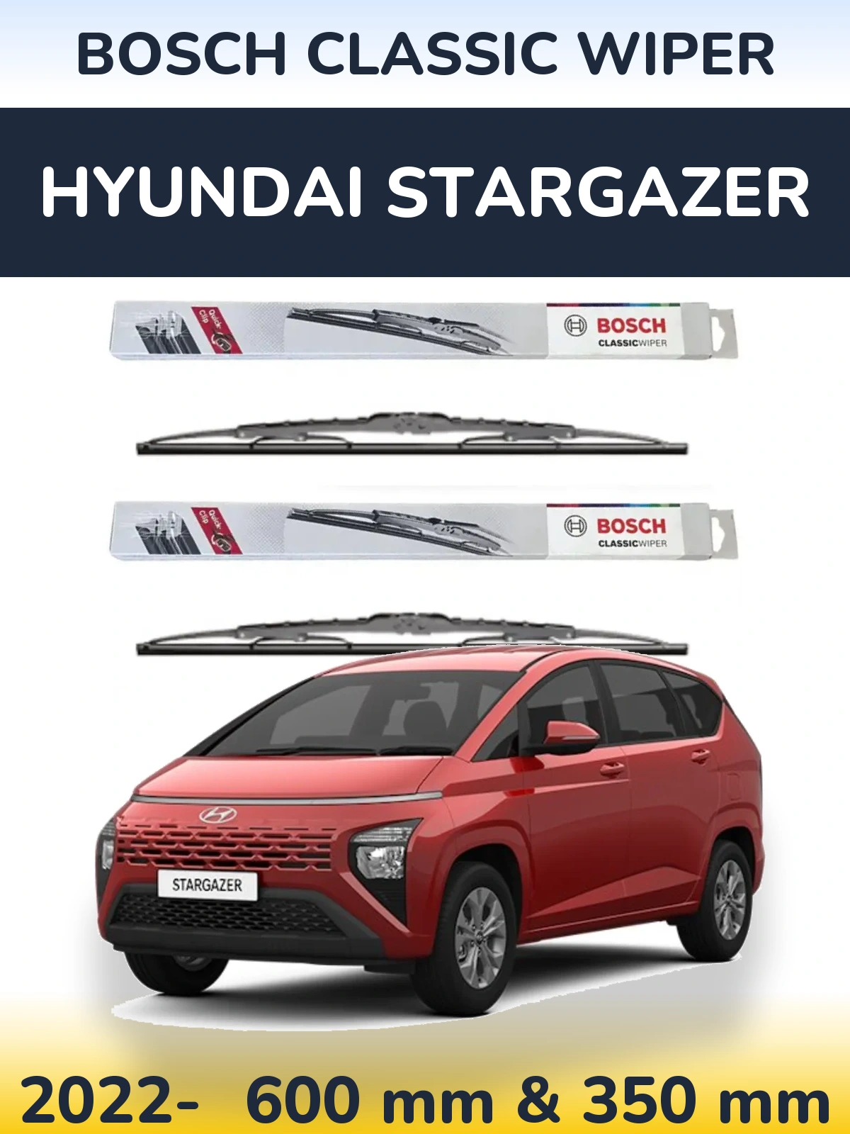 Front wiper blade set BOSCH Classic Wiper 600 & 340 mm for Hyundai Stargazer 2022-2026