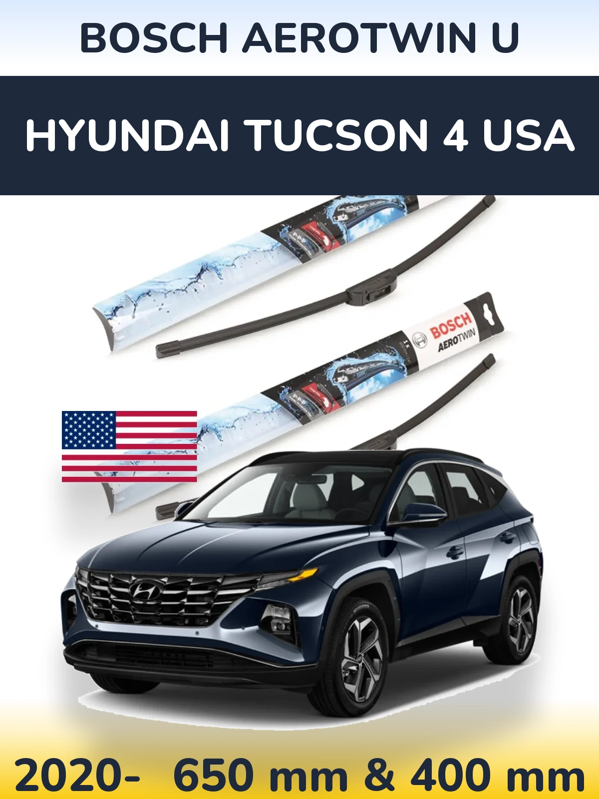 Комплект передних дворников BOSCH AeroTwin U 650 & 400 мм для Hyundai Tucson 4 USA 2020-2026