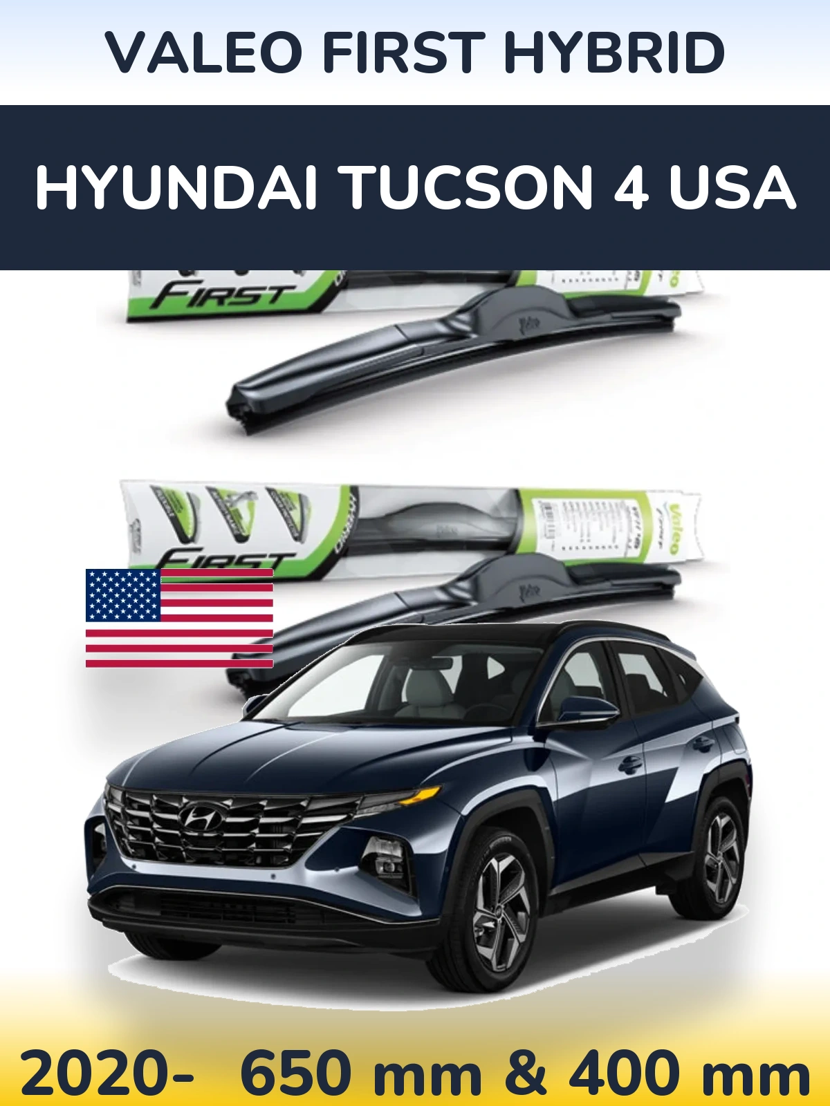 Front wiper blade set Valeo First Hybrid 650 & 400 mm for Hyundai Tucson 4 USA 2020-2026
