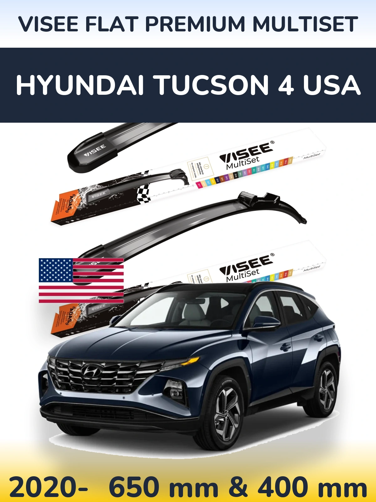 Комплект передніх щіток VISEE FLAT PREMIUM MultiSet 650 & 400 мм для Hyundai Tucson 4 USA 2020-2026