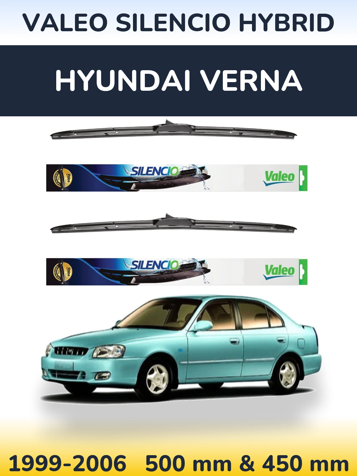 Комплект передних дворников Valeo Silencio Hybrid 500 & 450 мм для Hyundai Verna 1999-2006