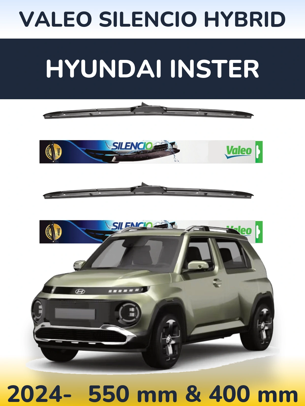 Komplet przednich wycieraczek Valeo Silencio Hybrid 550 & 400 mm do Hyundai Inster 2024-2026
