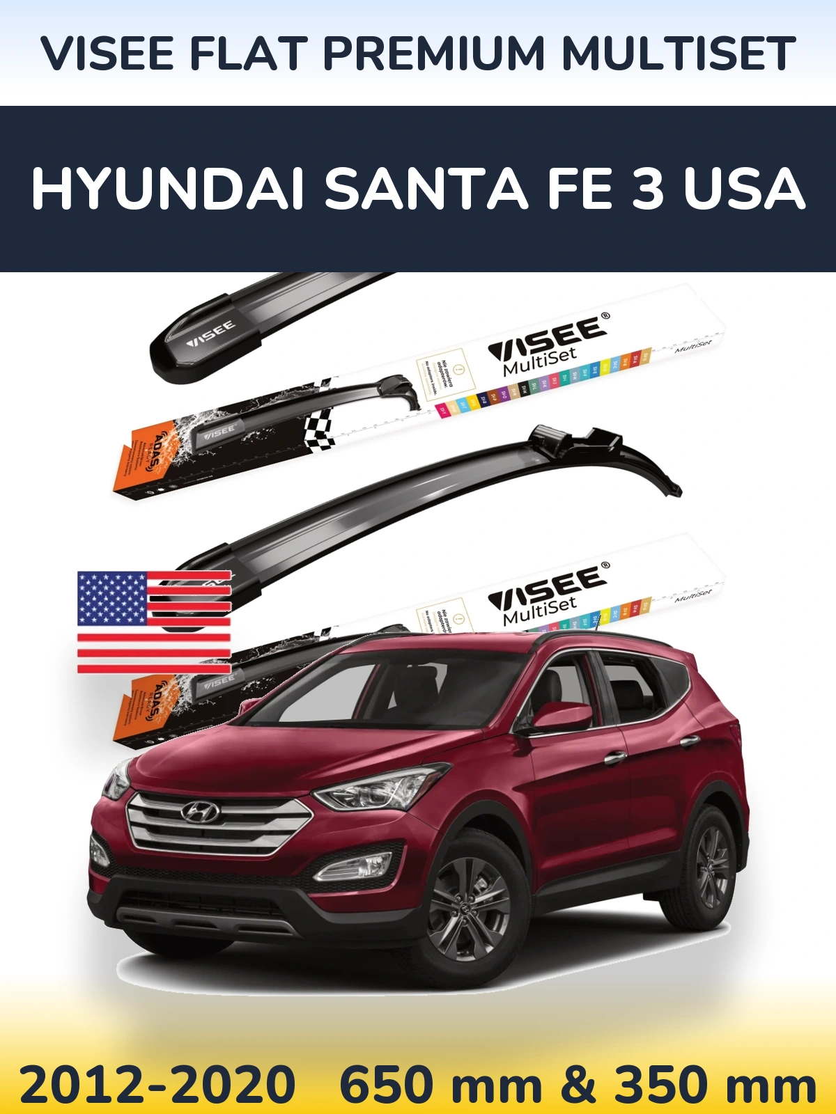Komplet przednich wycieraczek VISEE FLAT PREMIUM MultiSet 650 & 350 mm do Hyundai Santa Fe 3 USA 2012-2020