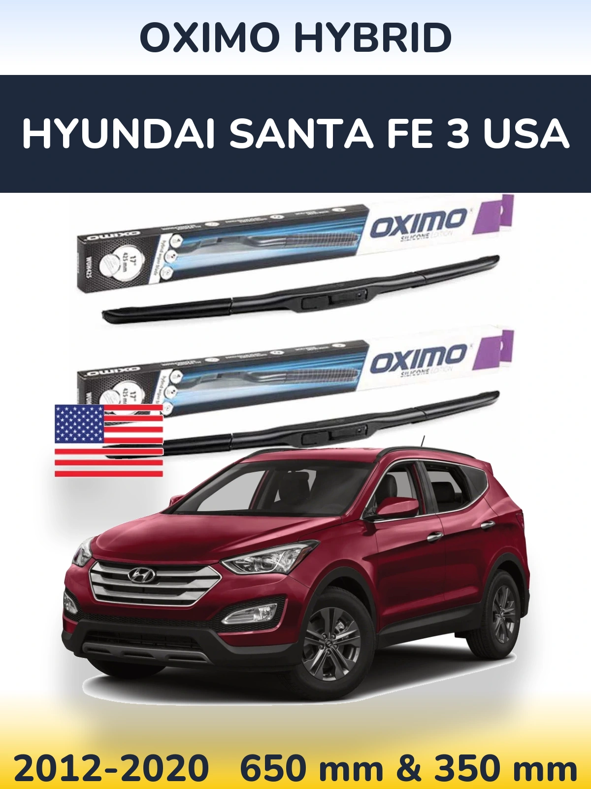 Komplet przednich wycieraczek Oximo Hybrid 650 & 350 mm do Hyundai Santa Fe 3 USA 2012-2020