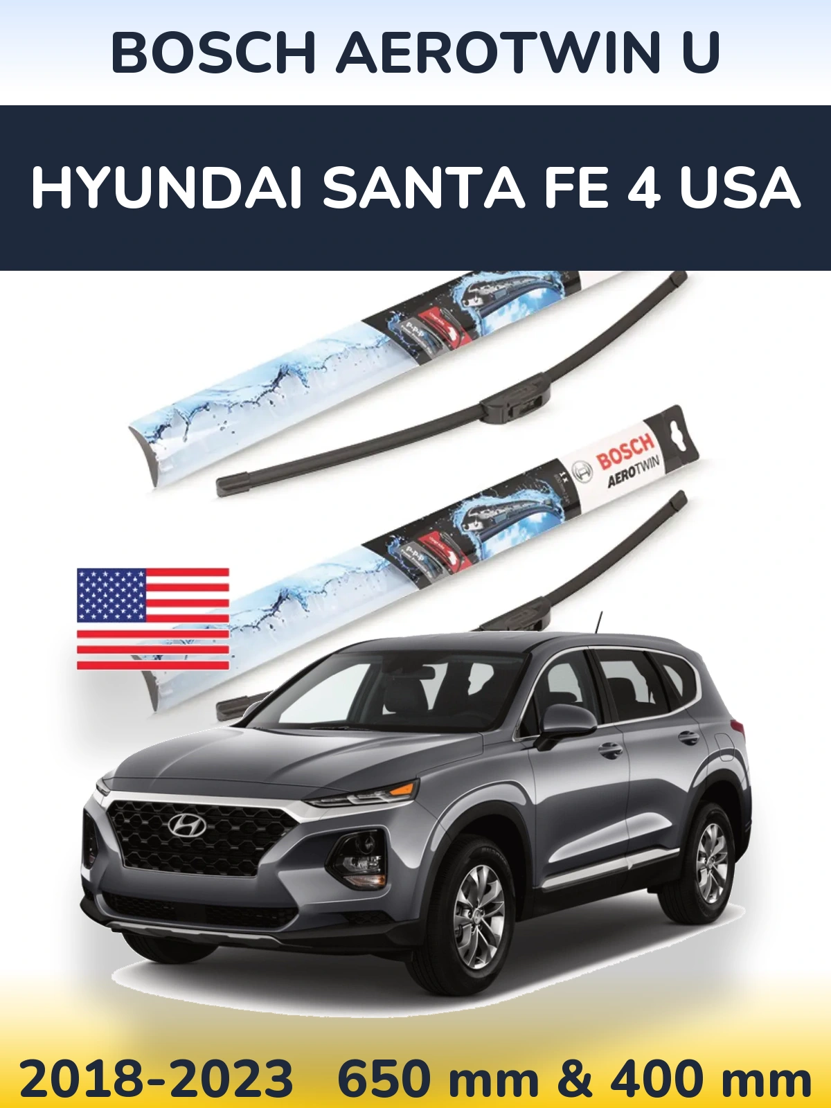 Комплект передних дворников BOSCH AeroTwin U 650 & 400 мм для Hyundai Santa Fe 4 USA 2018-2023