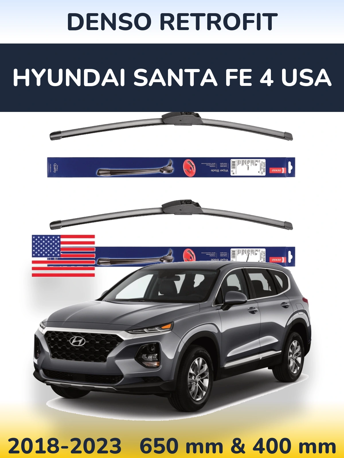 Komplet przednich wycieraczek Denso Retrofit 650 & 400 mm do Hyundai Santa Fe 4 USA 2018-2023