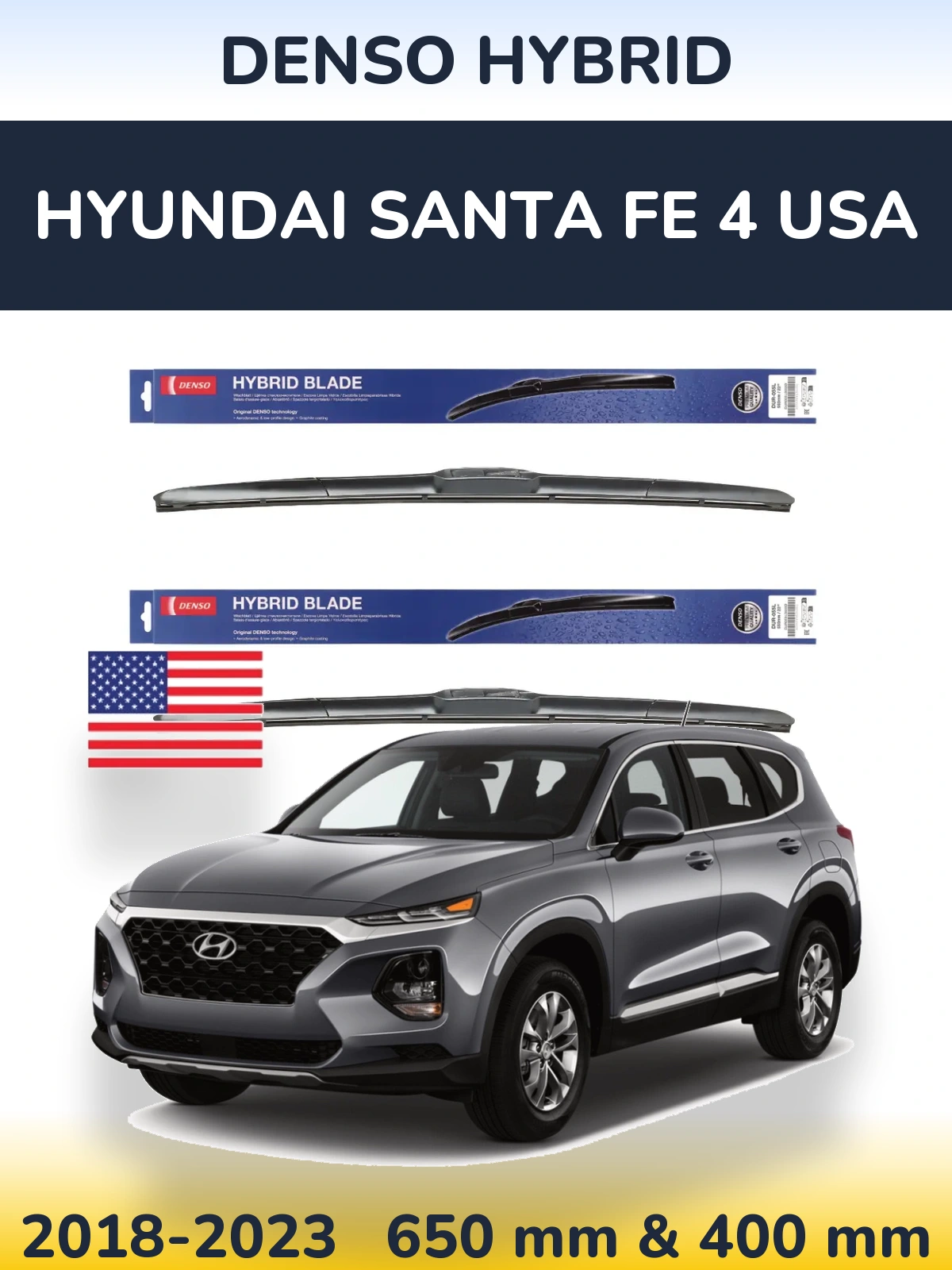 Комплект передних дворников Denso Hybrid 650 & 400 мм для Hyundai Santa Fe 4 USA 2018-2023