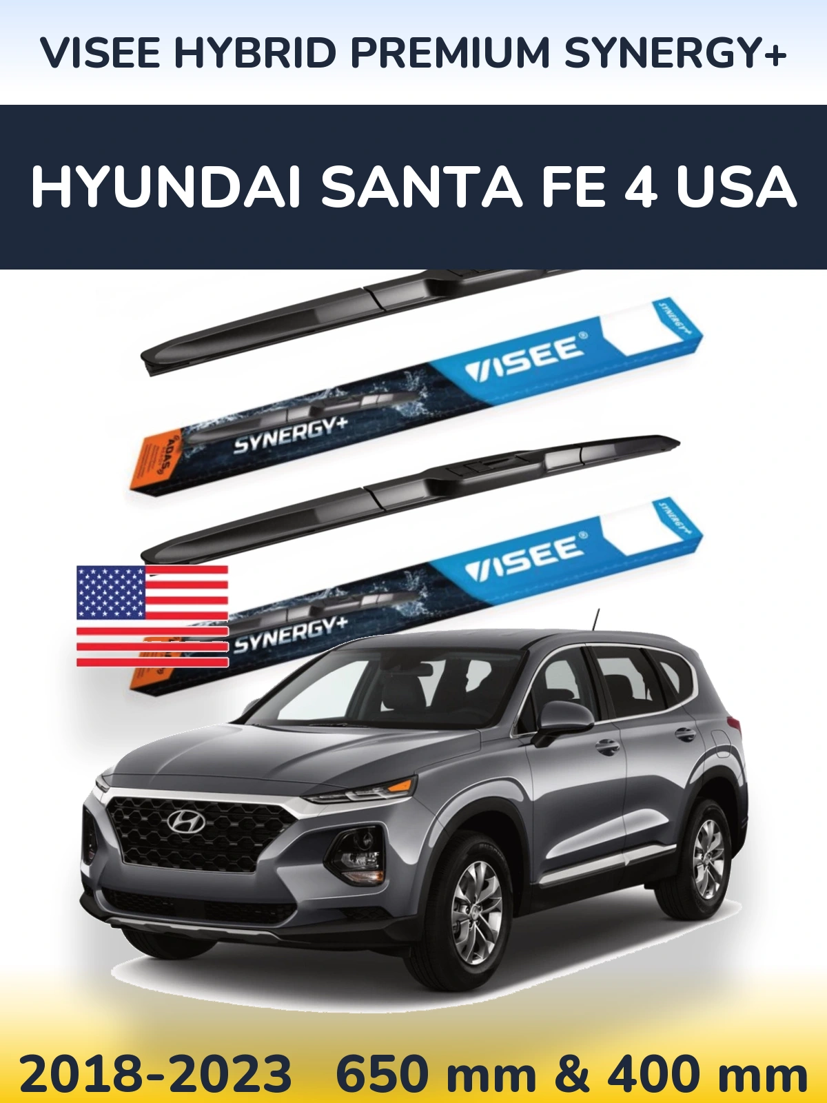 Комплект передніх щіток VISEE HYBRID PREMIUM SYNERGY+ 650 & 400 мм для Hyundai Santa Fe 4 USA 2018-2023