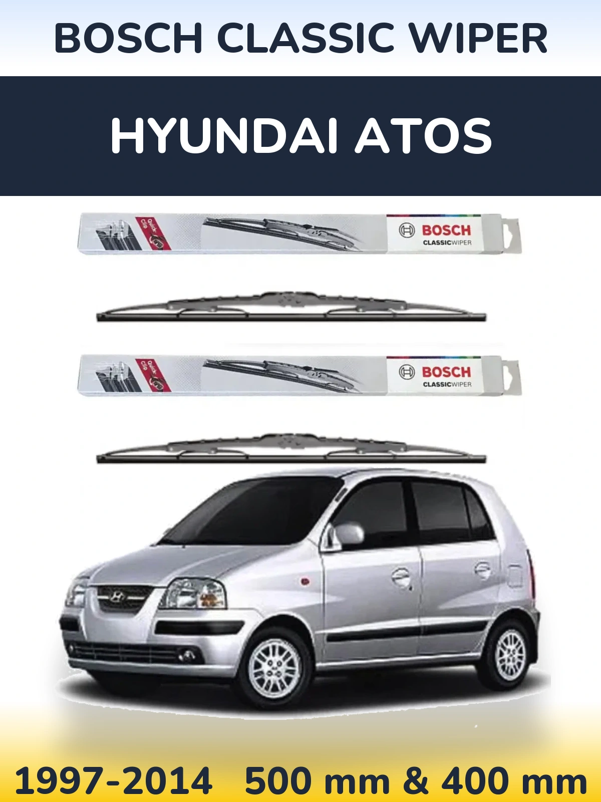Front wiper blade set BOSCH Classic Wiper 500 & 400 mm for Hyundai Atos 1997-2014