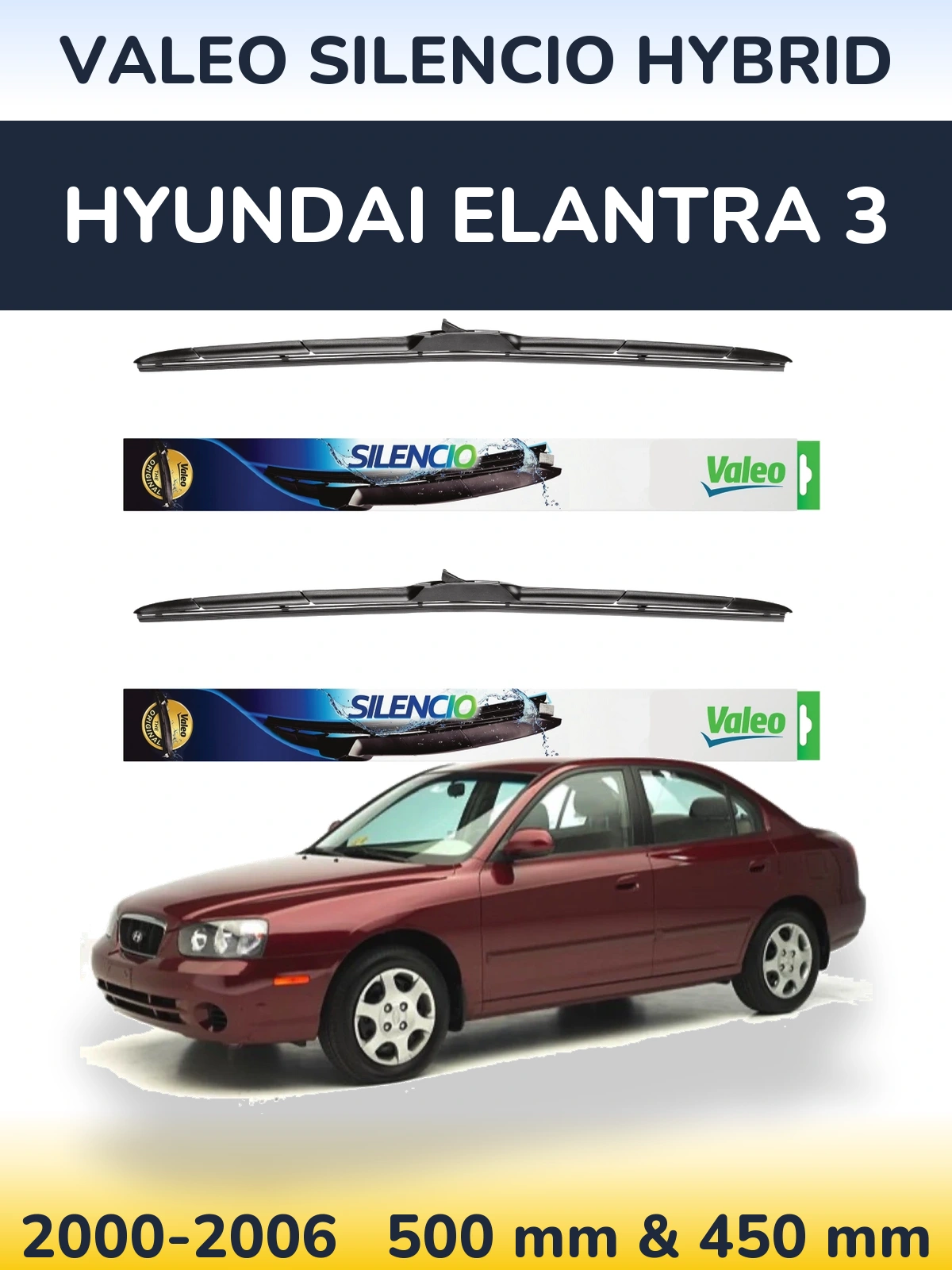 Komplet przednich wycieraczek Valeo Silencio Hybrid 500 & 450 mm do Hyundai Elantra 3 2000-2006