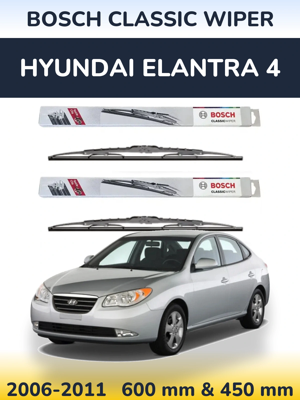 Front wiper blade set BOSCH Classic Wiper 600 & 450 mm for Hyundai Elantra 4 2006-2011