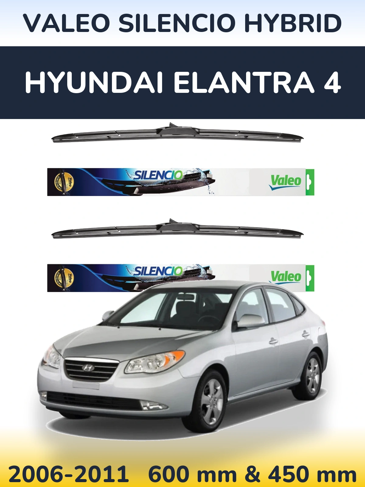 Komplet przednich wycieraczek Valeo Silencio Hybrid 600 & 450 mm do Hyundai Elantra 4 2006-2011
