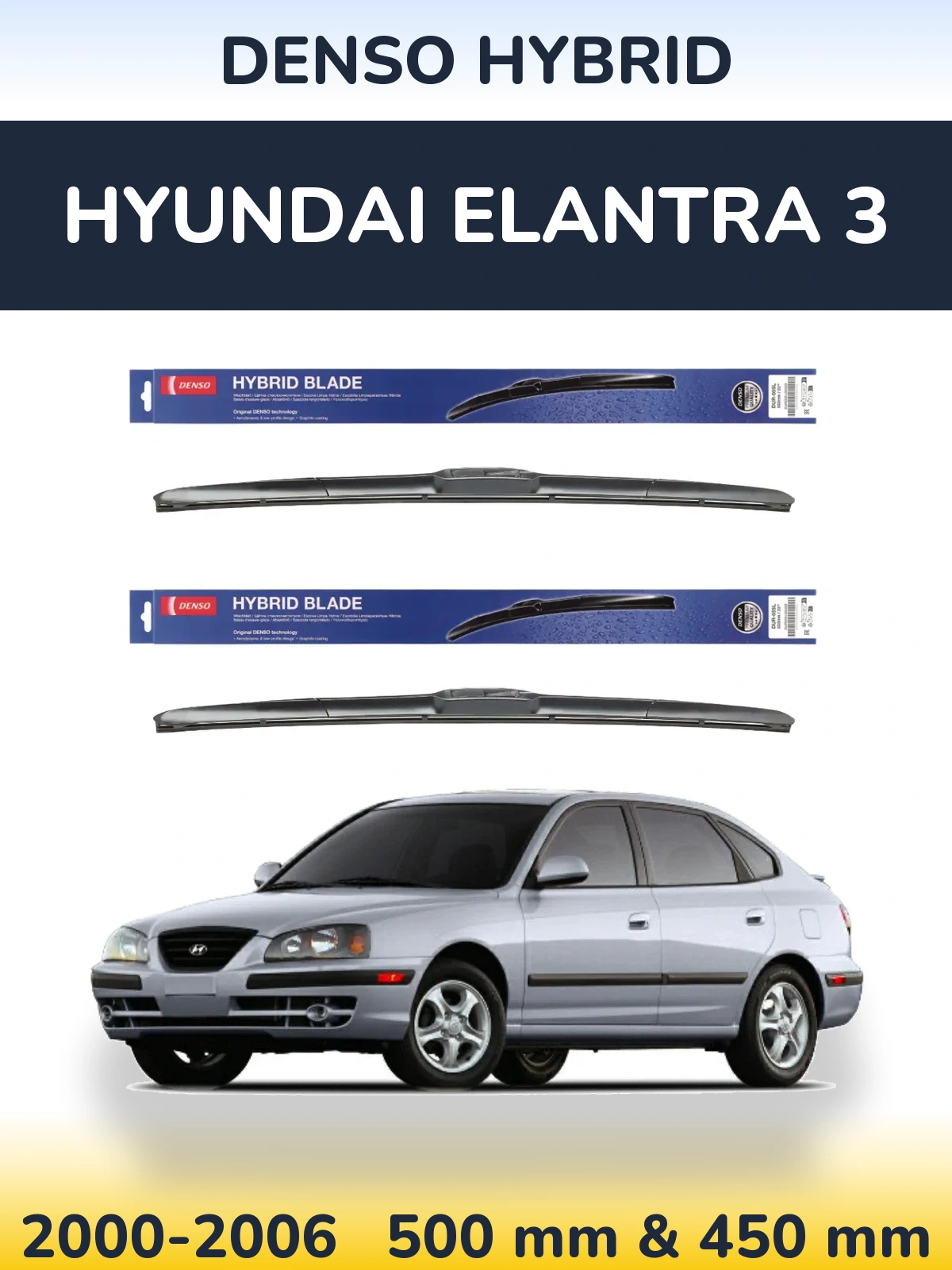 Komplet przednich wycieraczek Denso Hybrid 500 & 450 mm do Hyundai Elantra 3 2000-2006